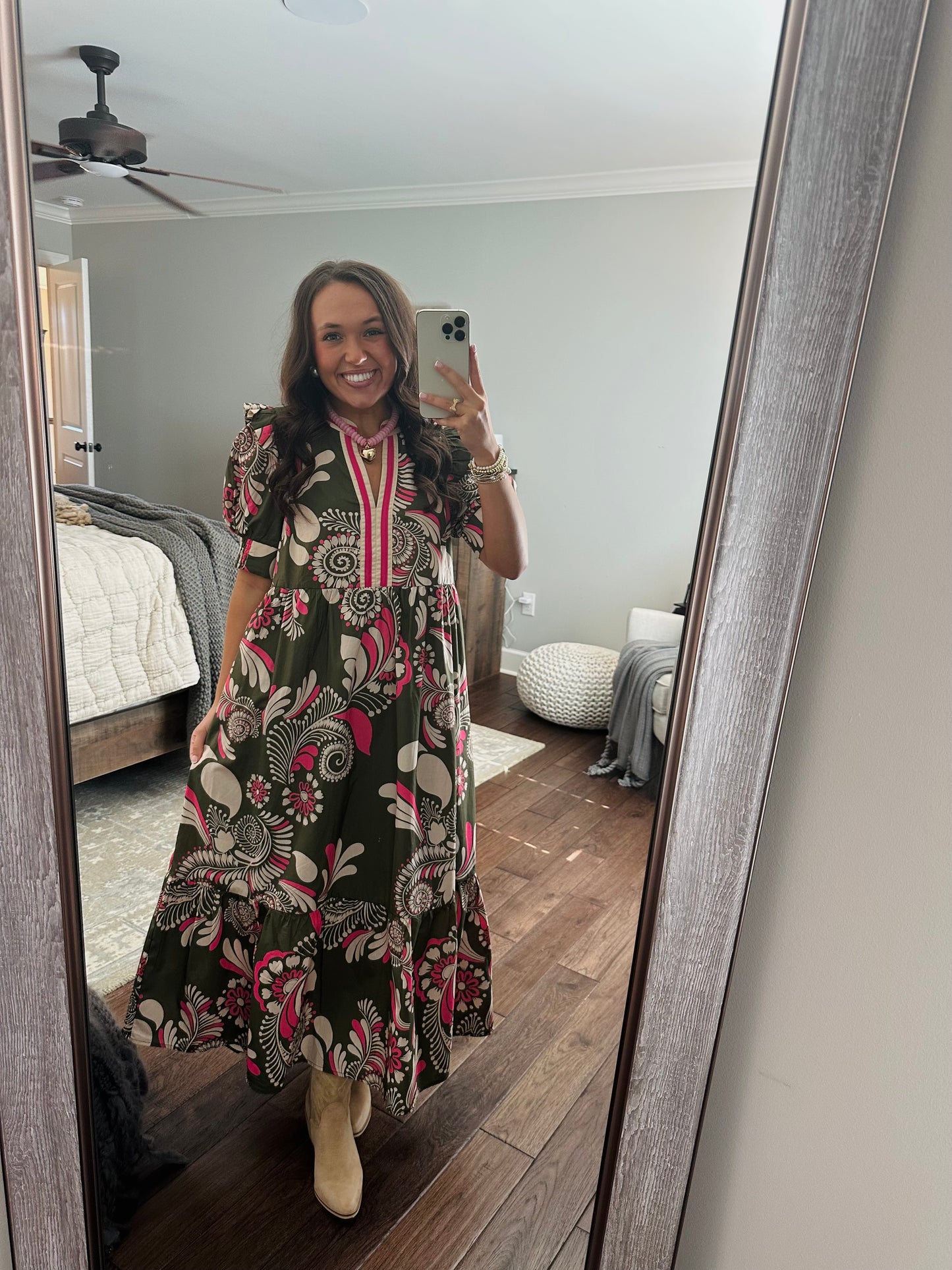The Anne Olive Green + Pink Midi Dress
