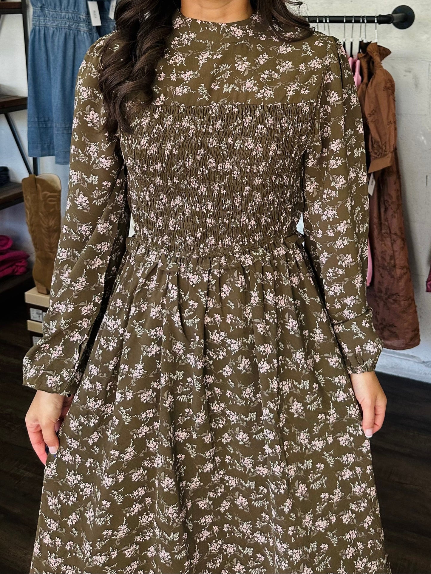 The Ainsley Olive Floral Midi Dress