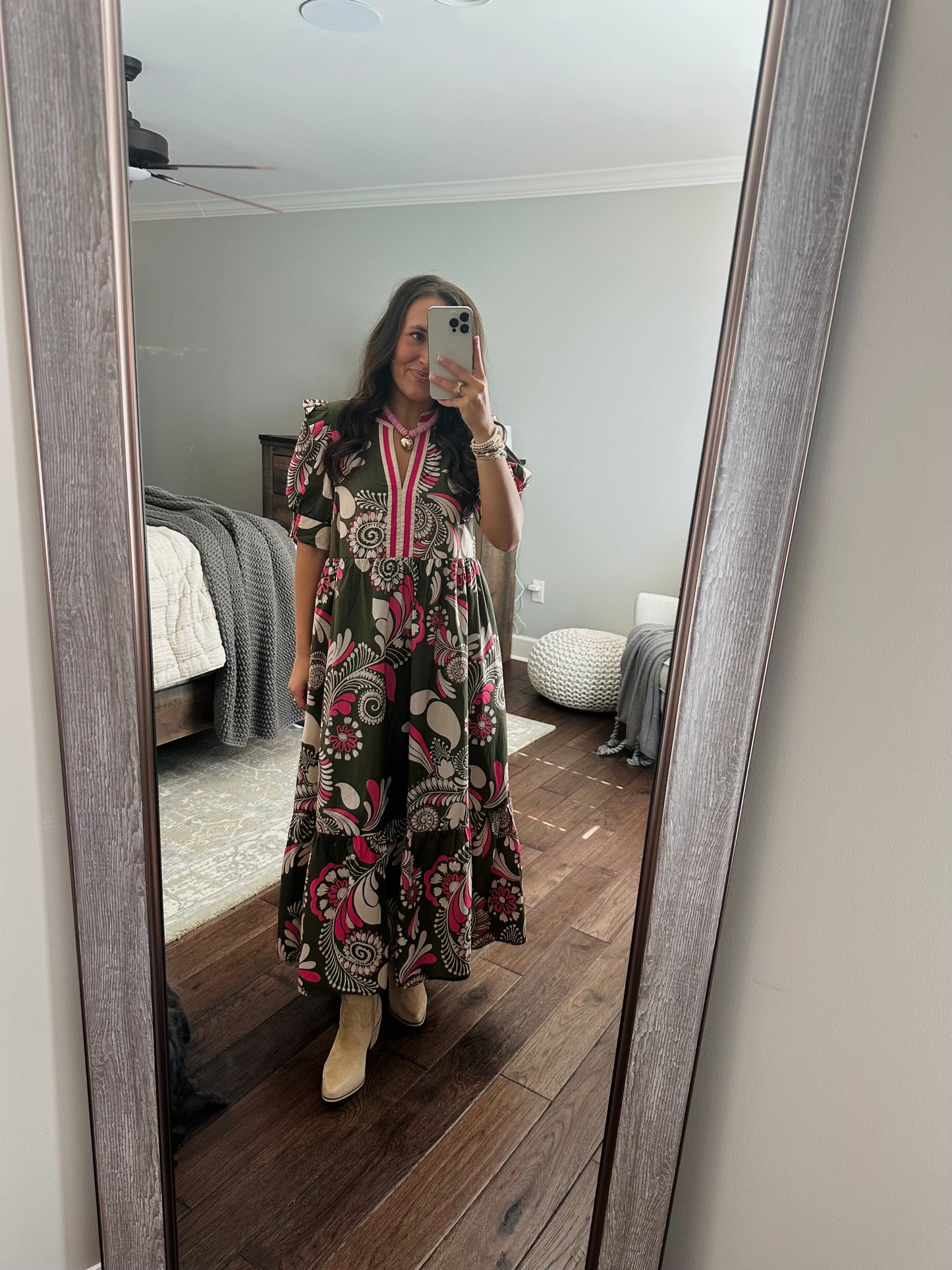 The Anne Olive Green + Pink Midi Dress