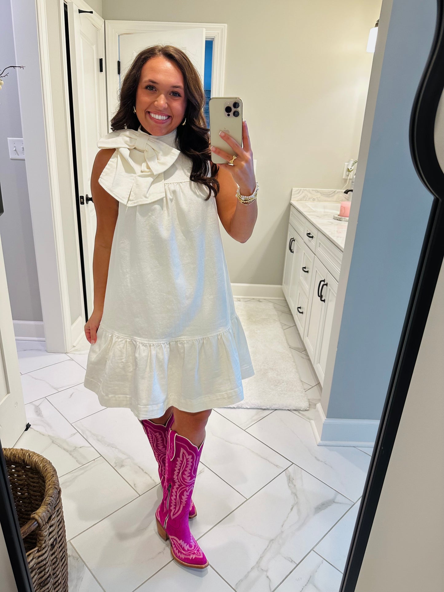 The Pearl Bow Denim Dress