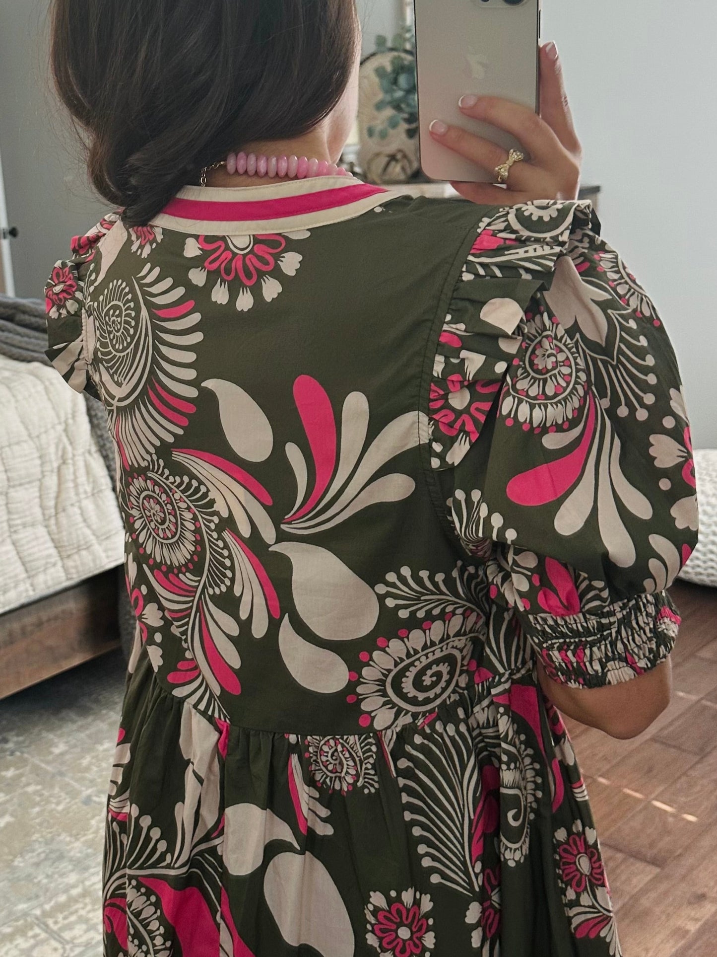 The Anne Olive Green + Pink Midi Dress