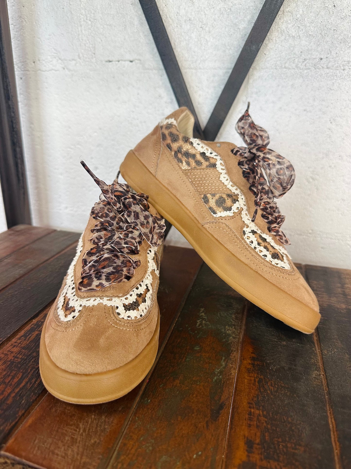 The Eleanor Camel Leopard Lace Trim Sneaker