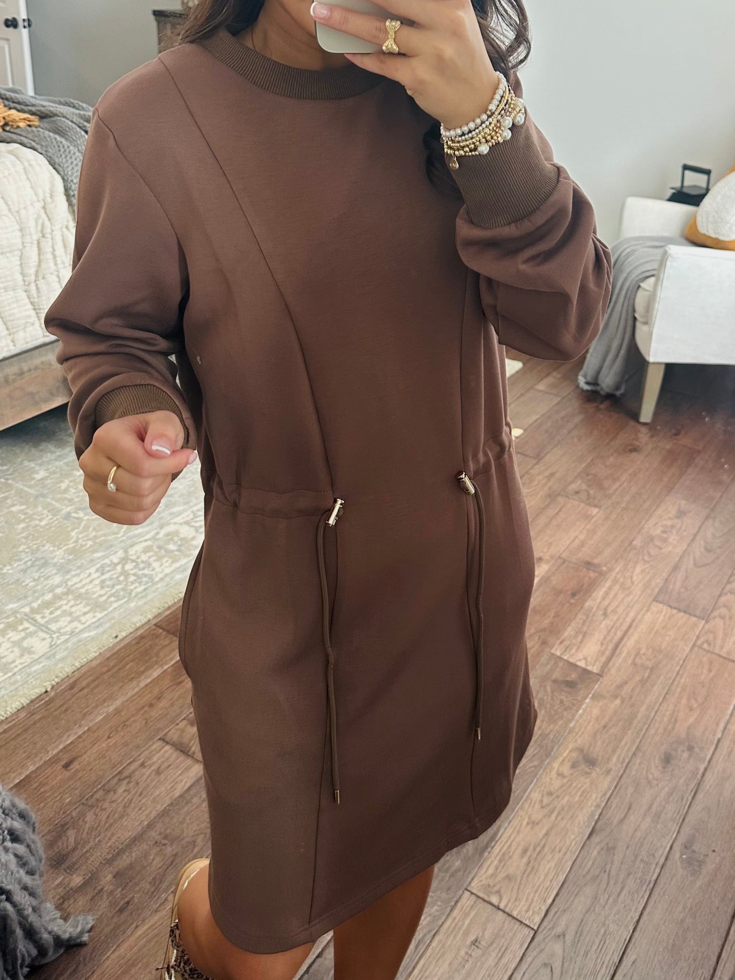 The Mocha Jersey Knit Long Sleeve Drawstring Dress