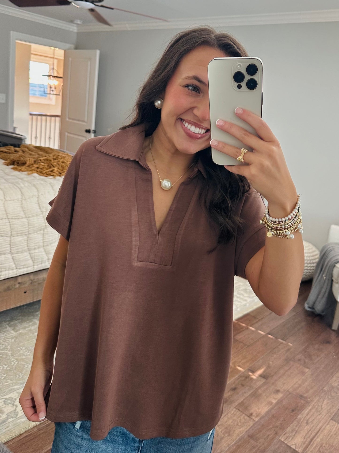 The Tatum Coffee V-Neck Top