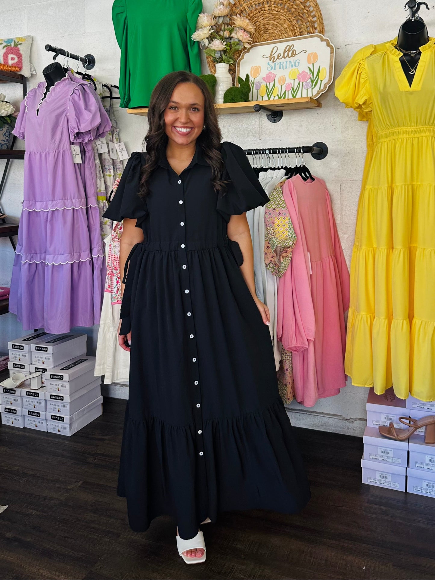 The Cali Black Button Front Midi Dress