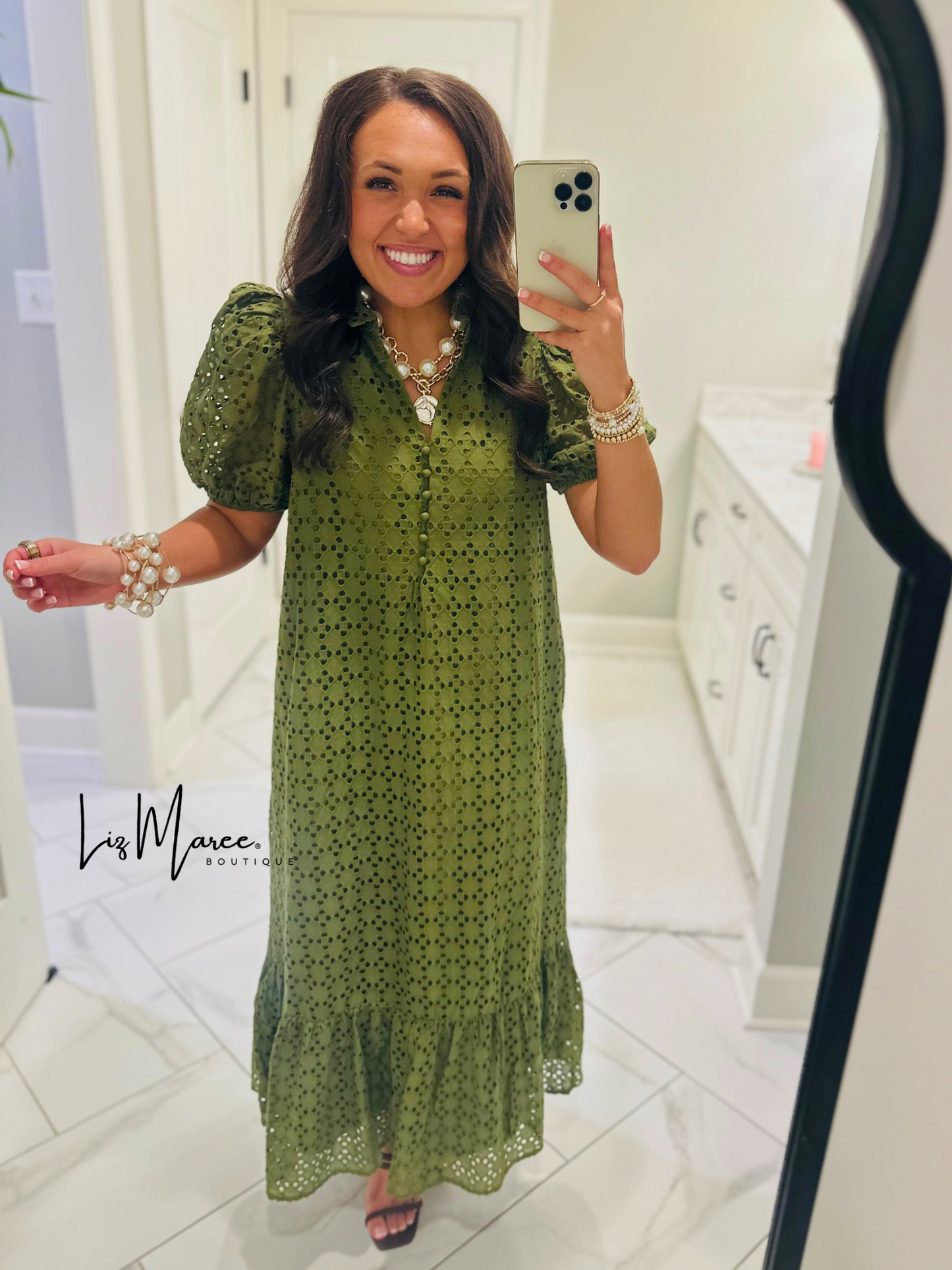 The Liz Olive Green Eyelet Midi Dress