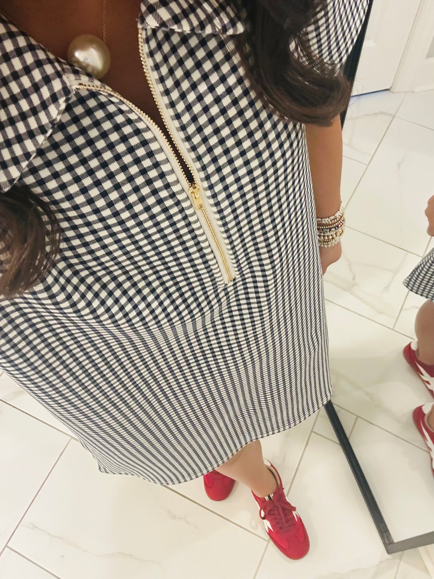 The Lee Navy Gingham Quarter Zip Dress