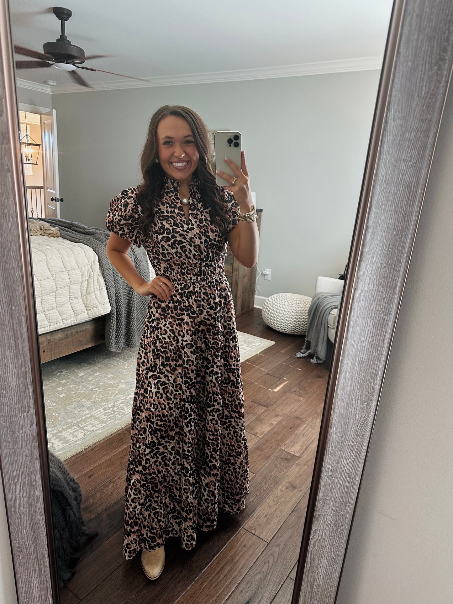 The Elizabeth Leopard Print Puff Sleeve Midi Dress