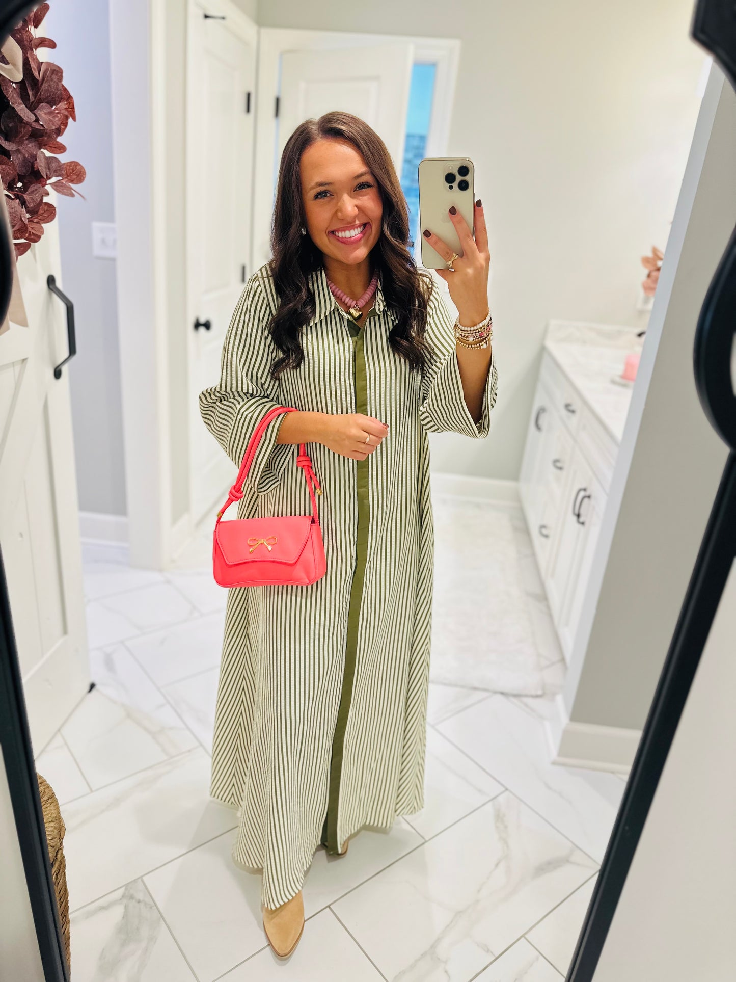 The Nora Olive Green Striped Midi Dress
