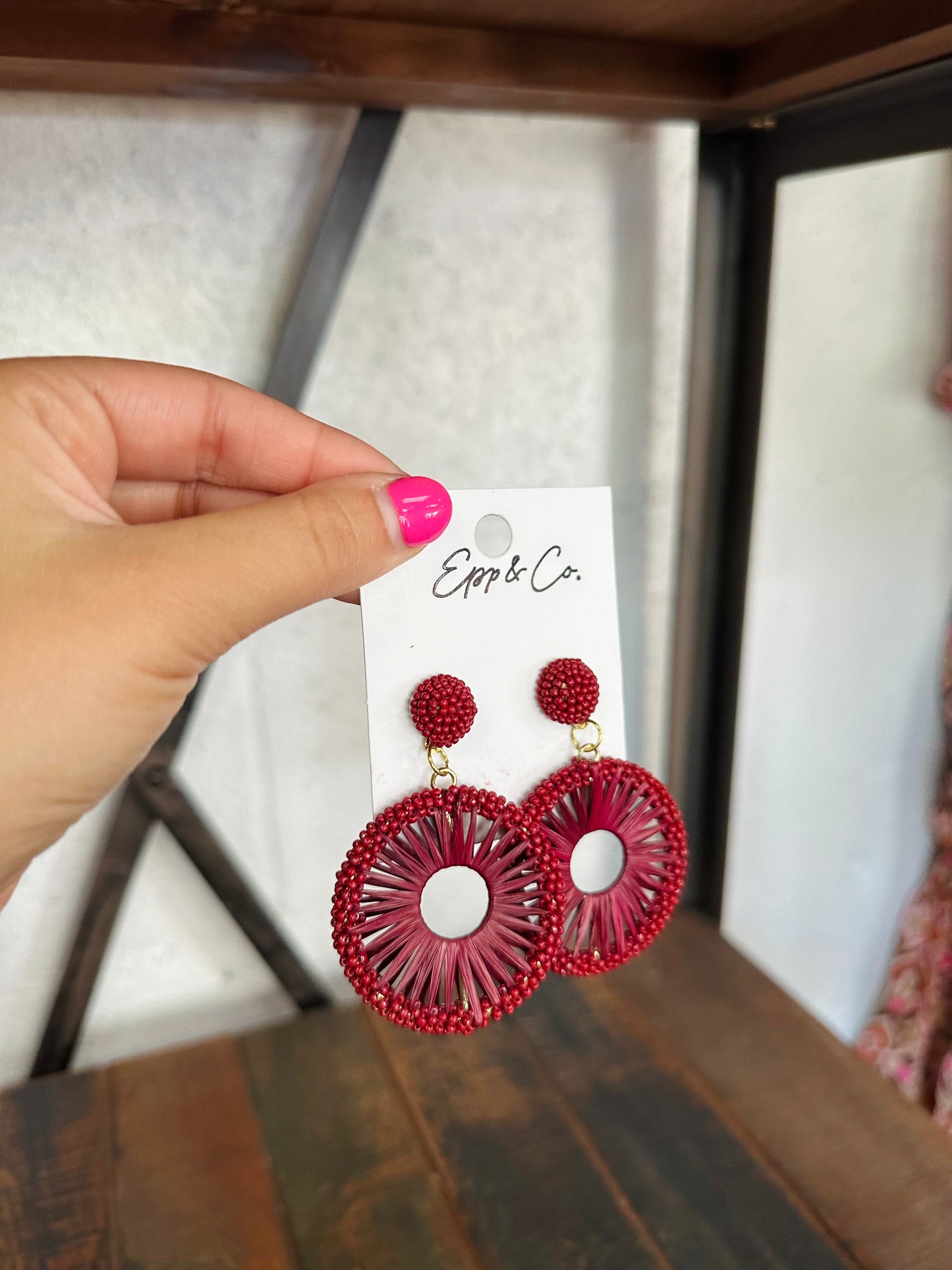 Maroon Beaded Raffia Circle Drops