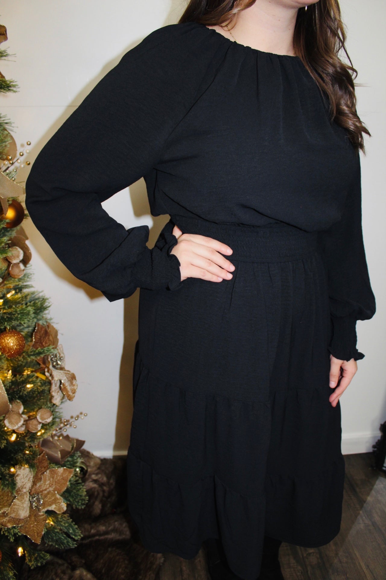 Black Smocked Tiered Pleated Midi Dress