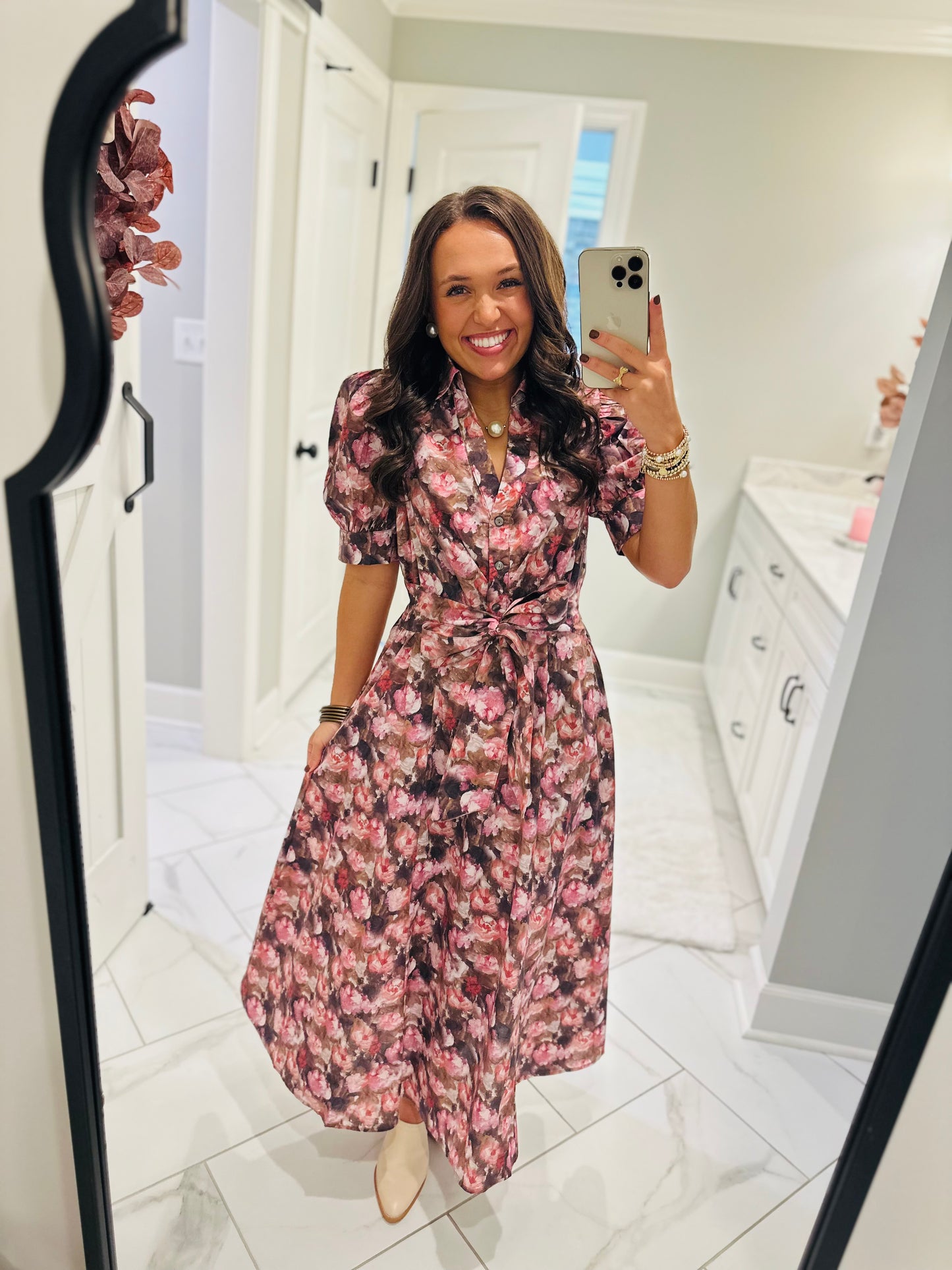The Maggie Pink + Brown Floral Midi Dress