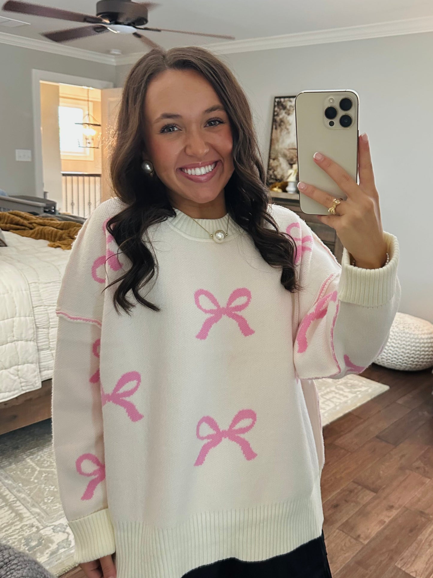 The Grace Pink + Cream Bow Sweater