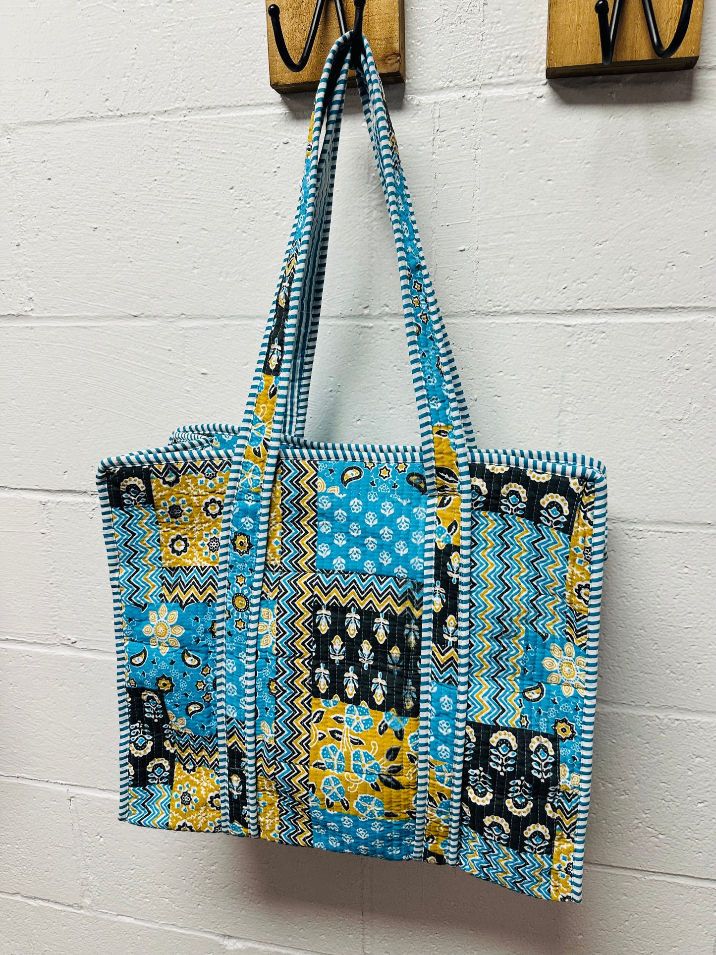 The Blue + Black Multi Pattern Quilted Tote Bag