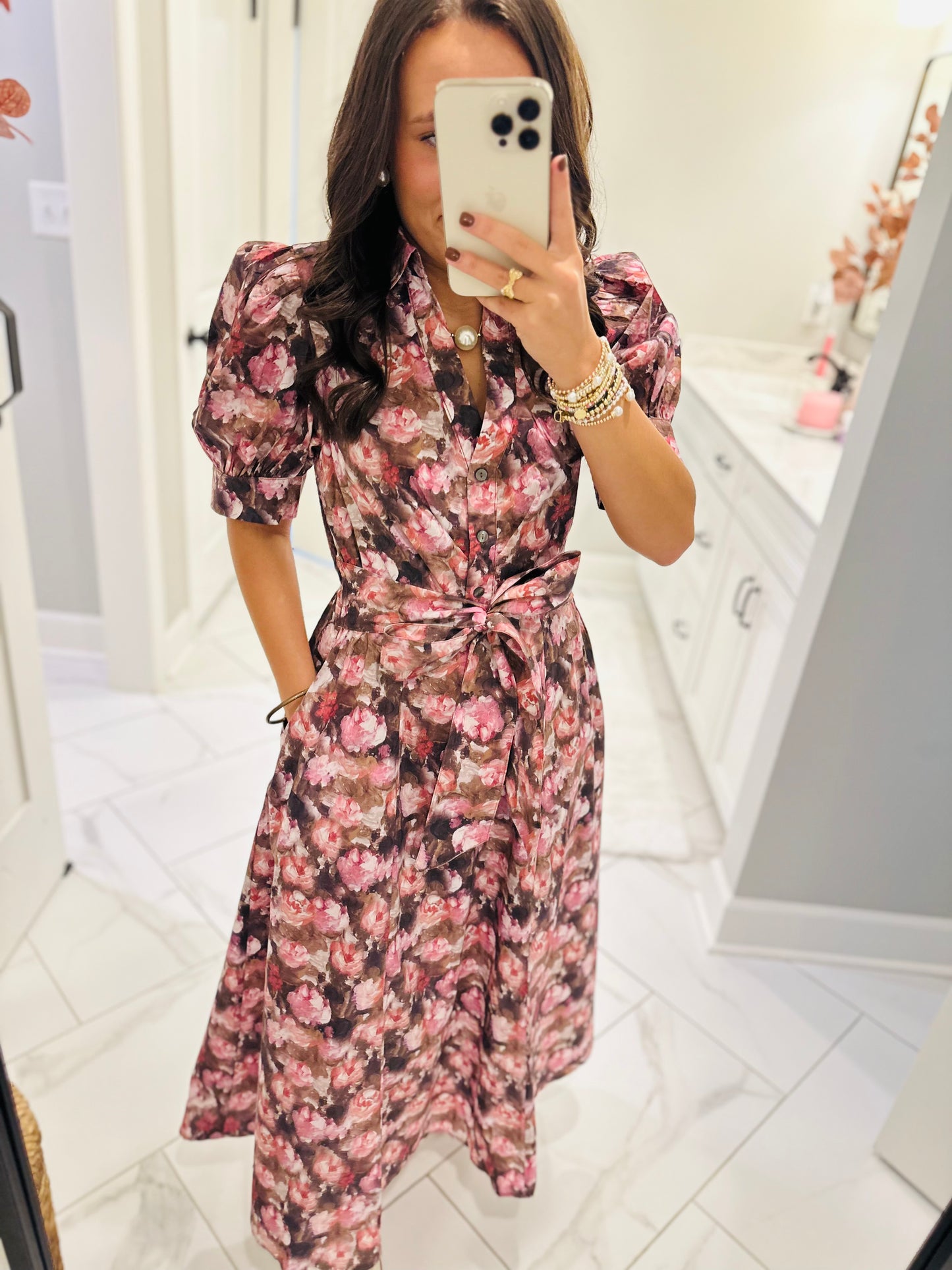 The Maggie Pink + Brown Floral Midi Dress
