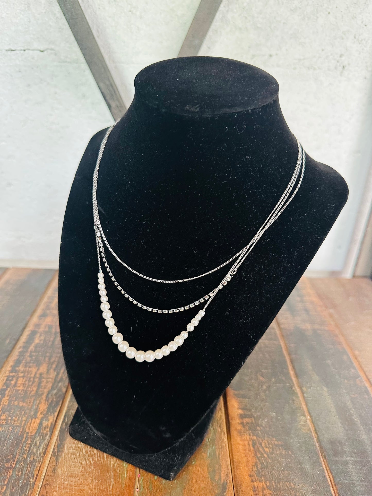 Silver Layered Pearl & Rhinestone Necklace