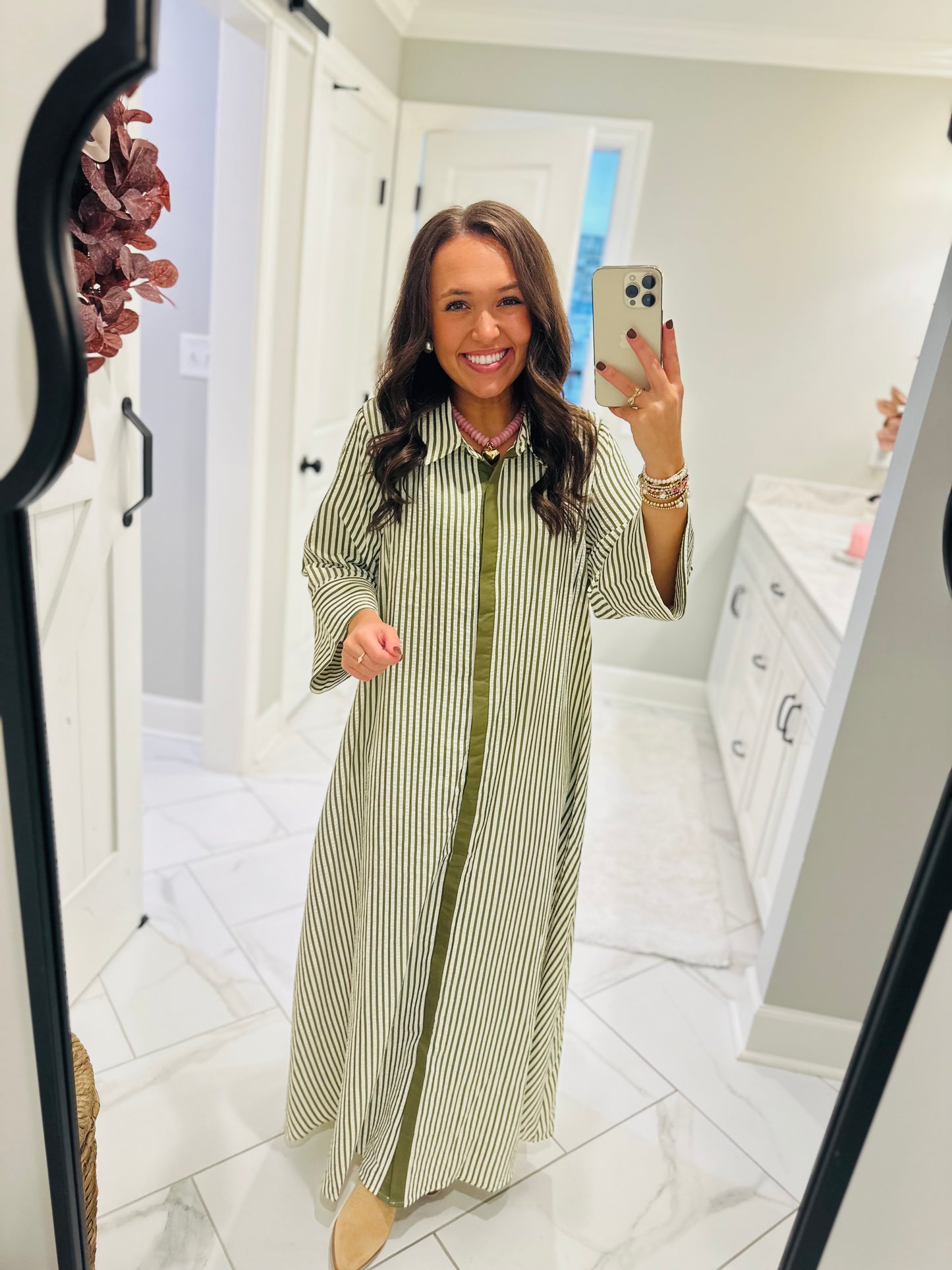 The Nora Olive Green Striped Midi Dress