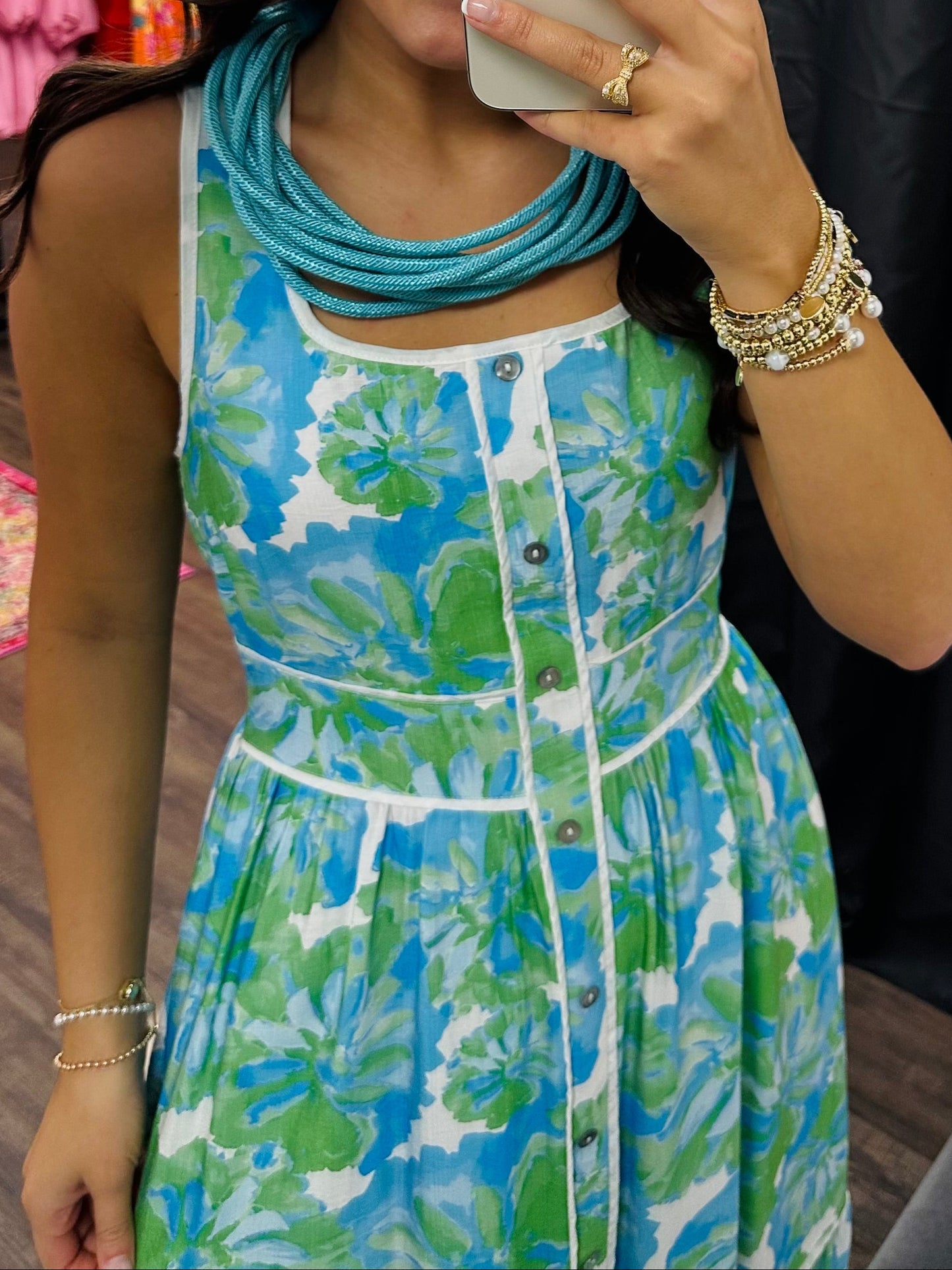 The Lakelynn Green Aqua Floral Midi Dress