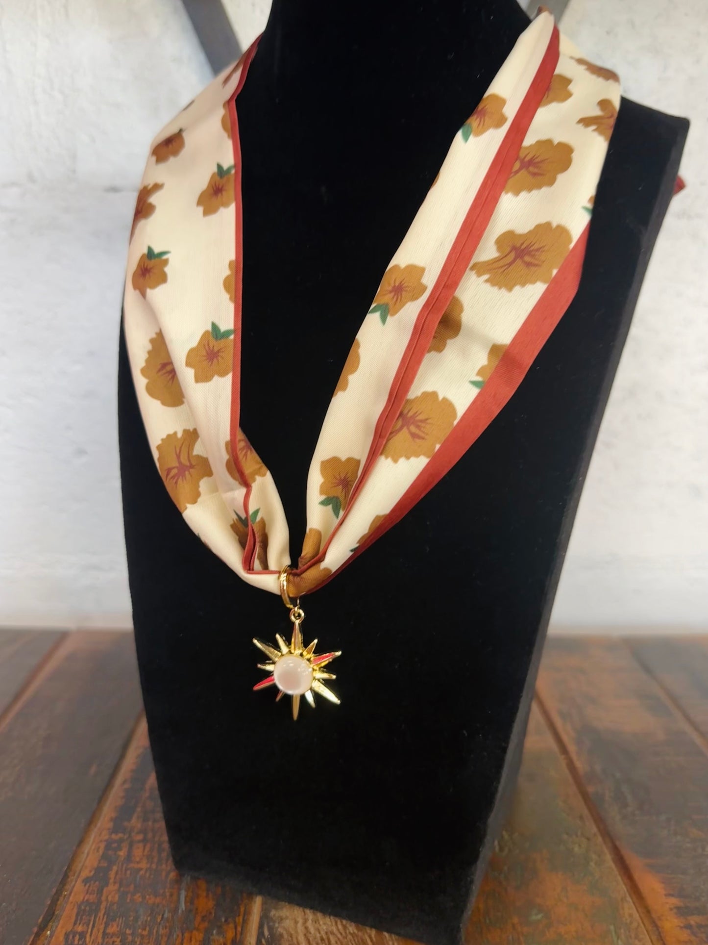 Brown Floral Silk Scarf + Gold Pendant Necklace