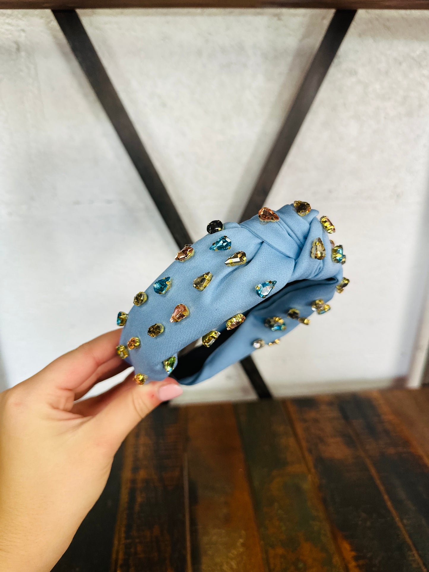Blue Top Knot Multi Crystal Headband