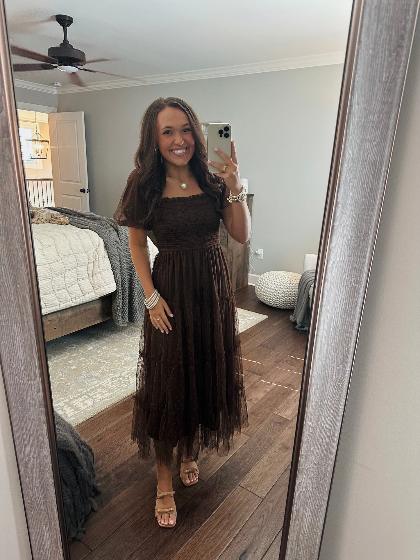 The Autumn Brown Polka Dot Chiffon Puff Sleeve Midi Dress