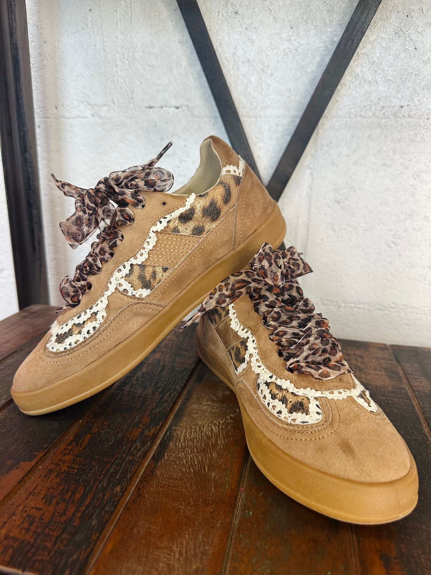 The Eleanor Camel Leopard Lace Trim Sneaker
