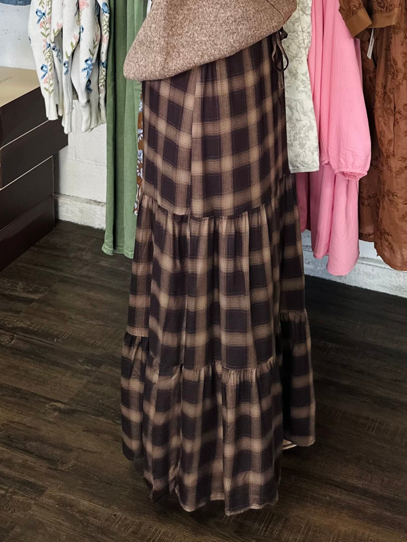 The Ember Brown Plaid Tiered Maxi Skirt