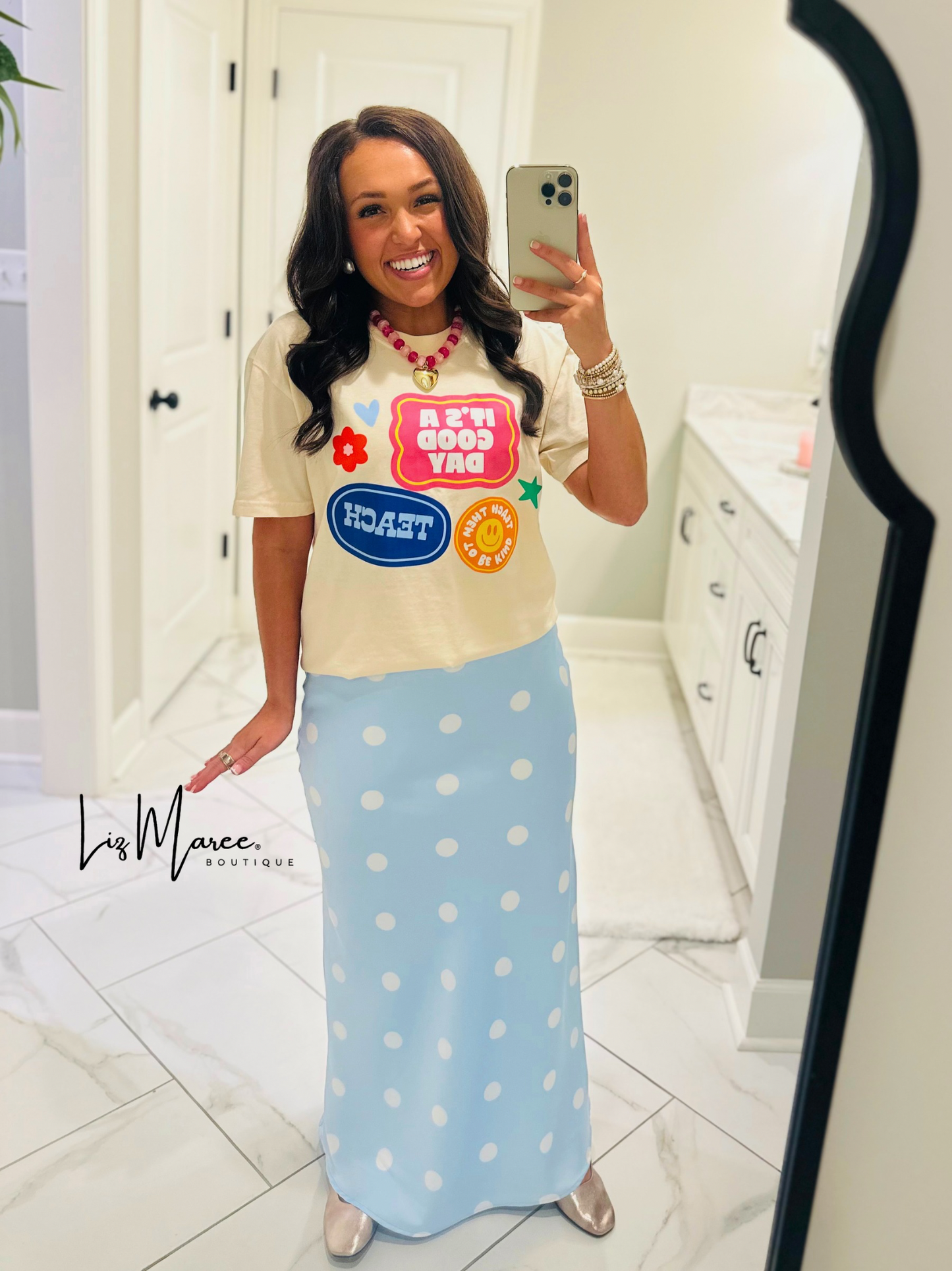 The Lt. Blue Polka Dot Satin Maxi Skirt