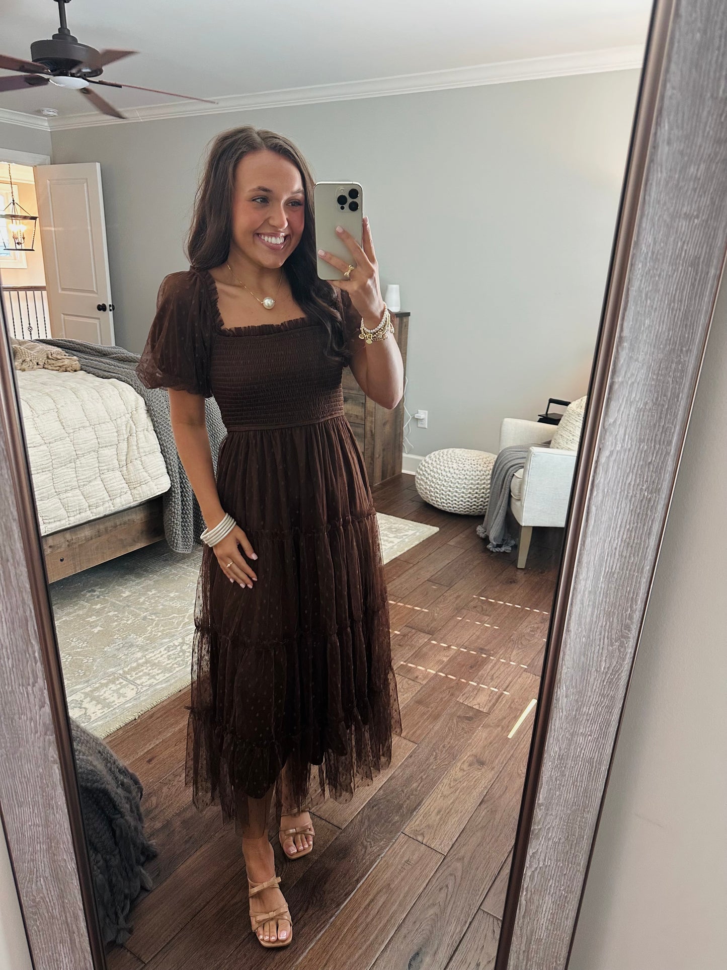 The Autumn Brown Polka Dot Chiffon Puff Sleeve Midi Dress
