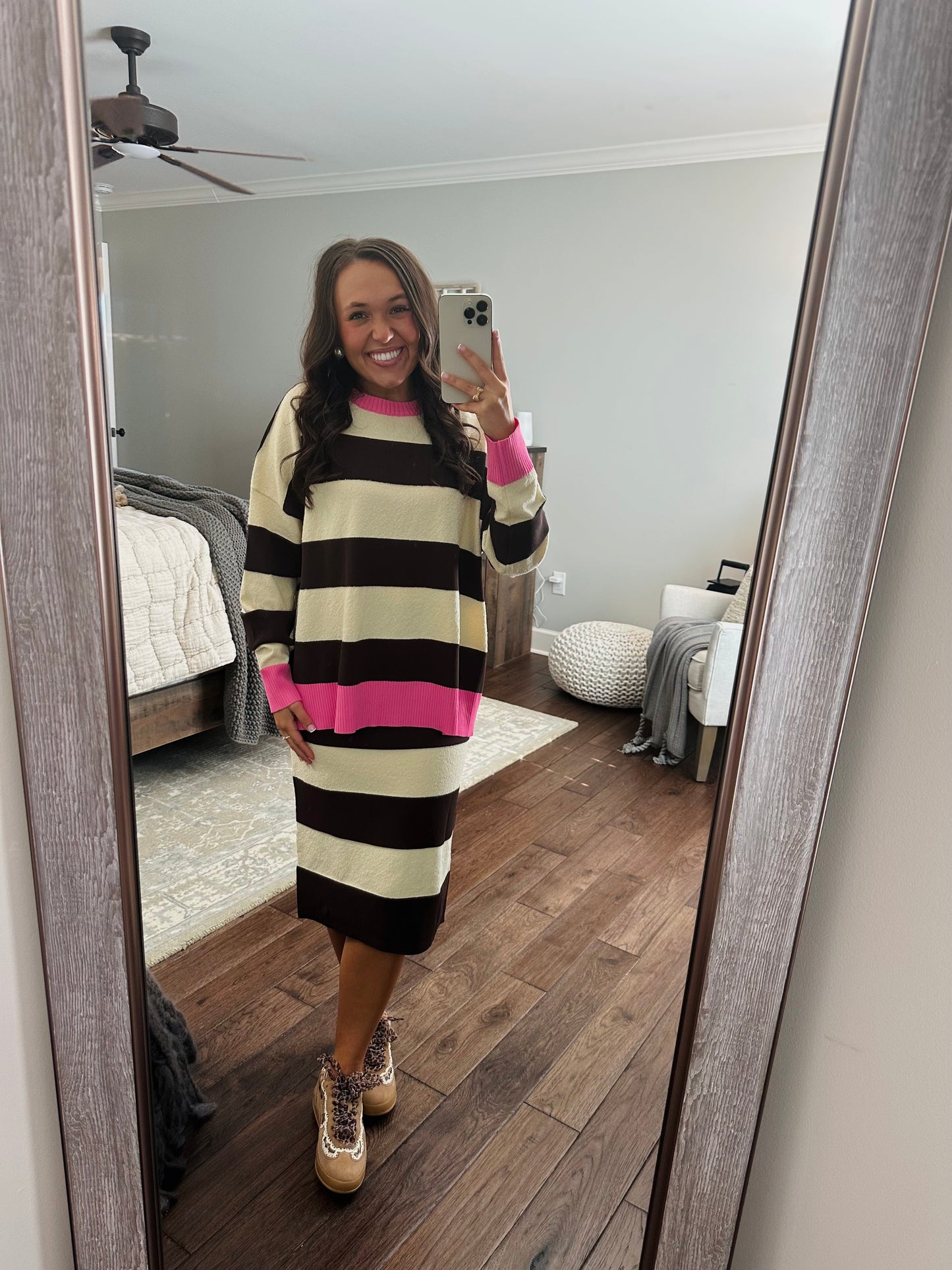 The Everlee Pink + Cream Striped Knit Sweater Top