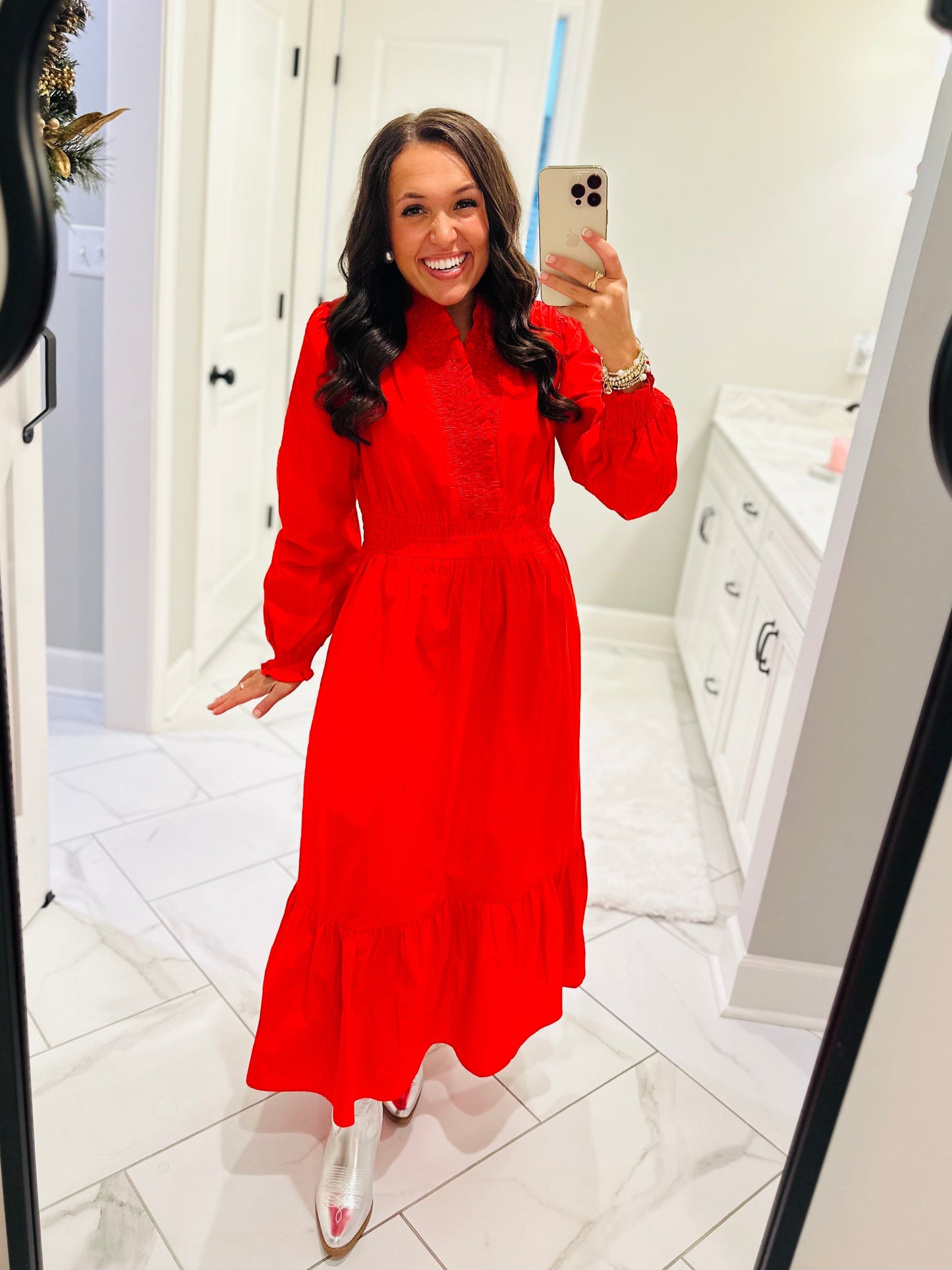 The Rudy Red Long Sleeve Midi Dress