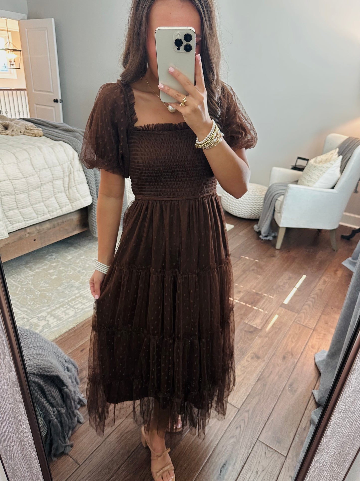 The Autumn Brown Polka Dot Chiffon Puff Sleeve Midi Dress