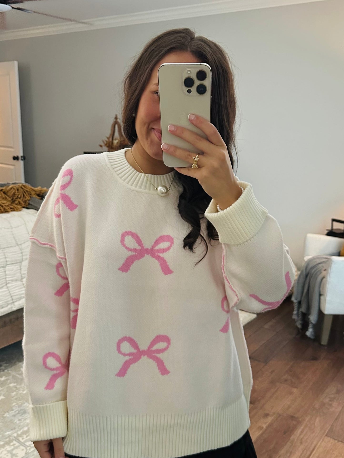 The Grace Pink + Cream Bow Sweater