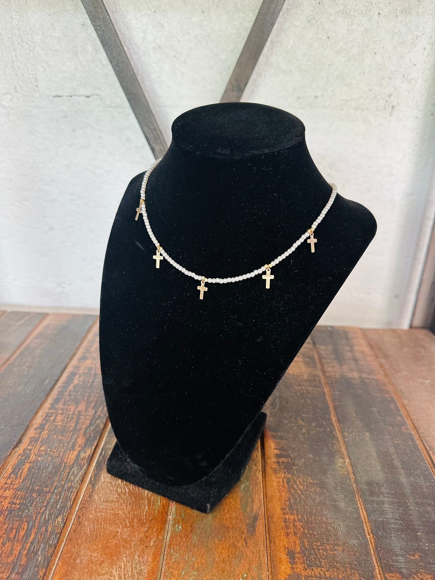 Gold Pearl + Cross Necklace