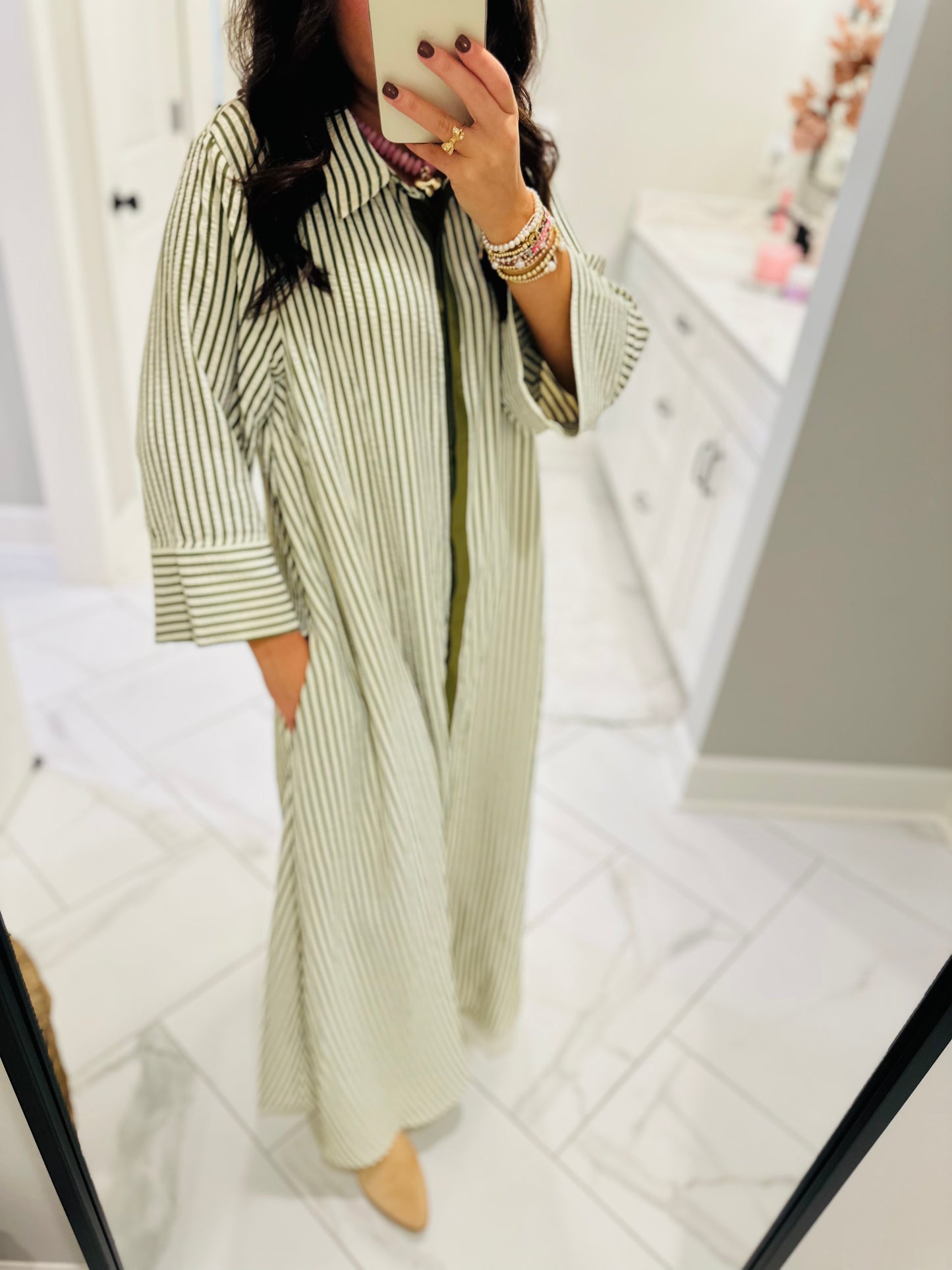 The Nora Olive Green Striped Midi Dress