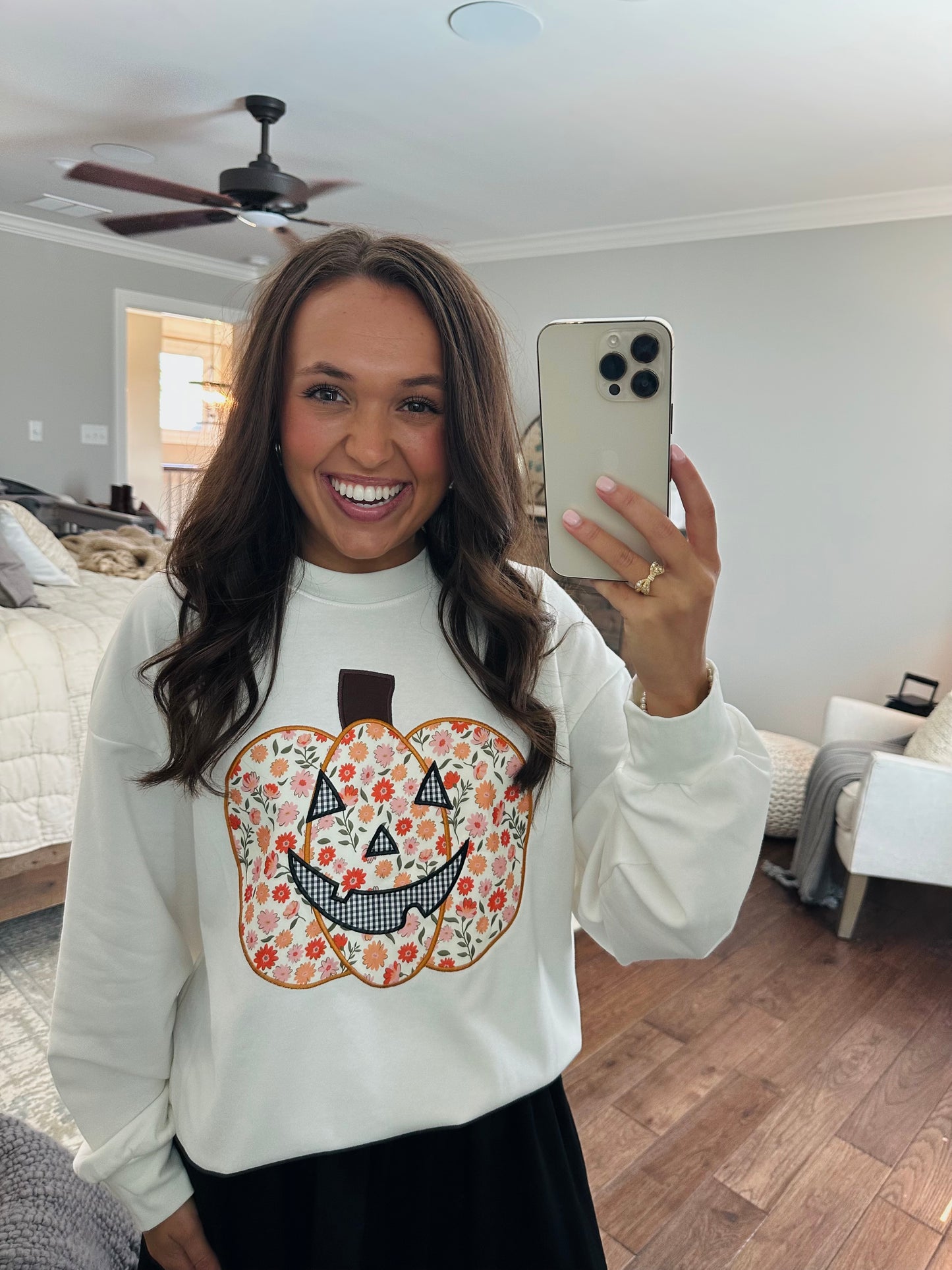 The Floral Printed Pumpkin Patchwork Crewneck