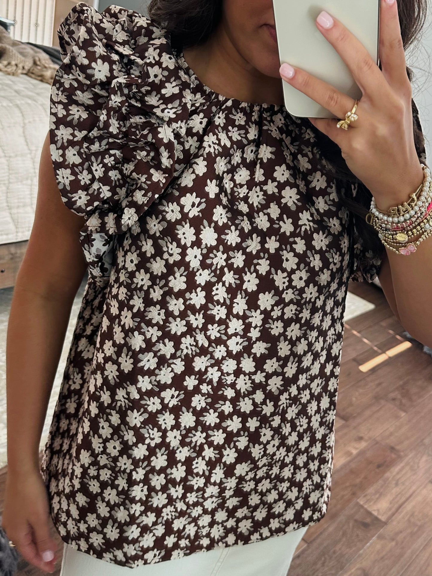The Darci Brown Floral Ruffle Sleeve Top