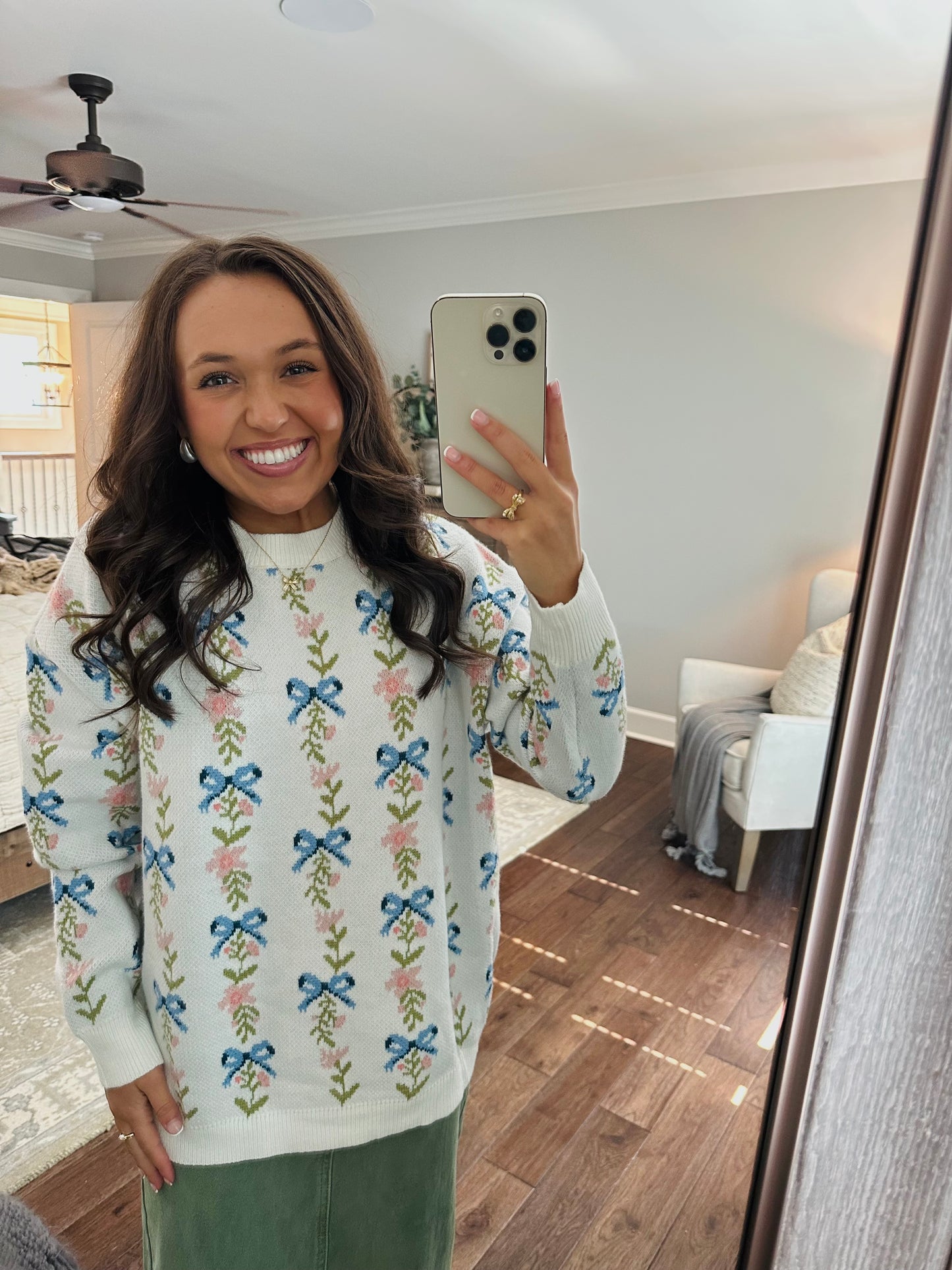 The White Coquette Ribbon Bow Floral Sweater