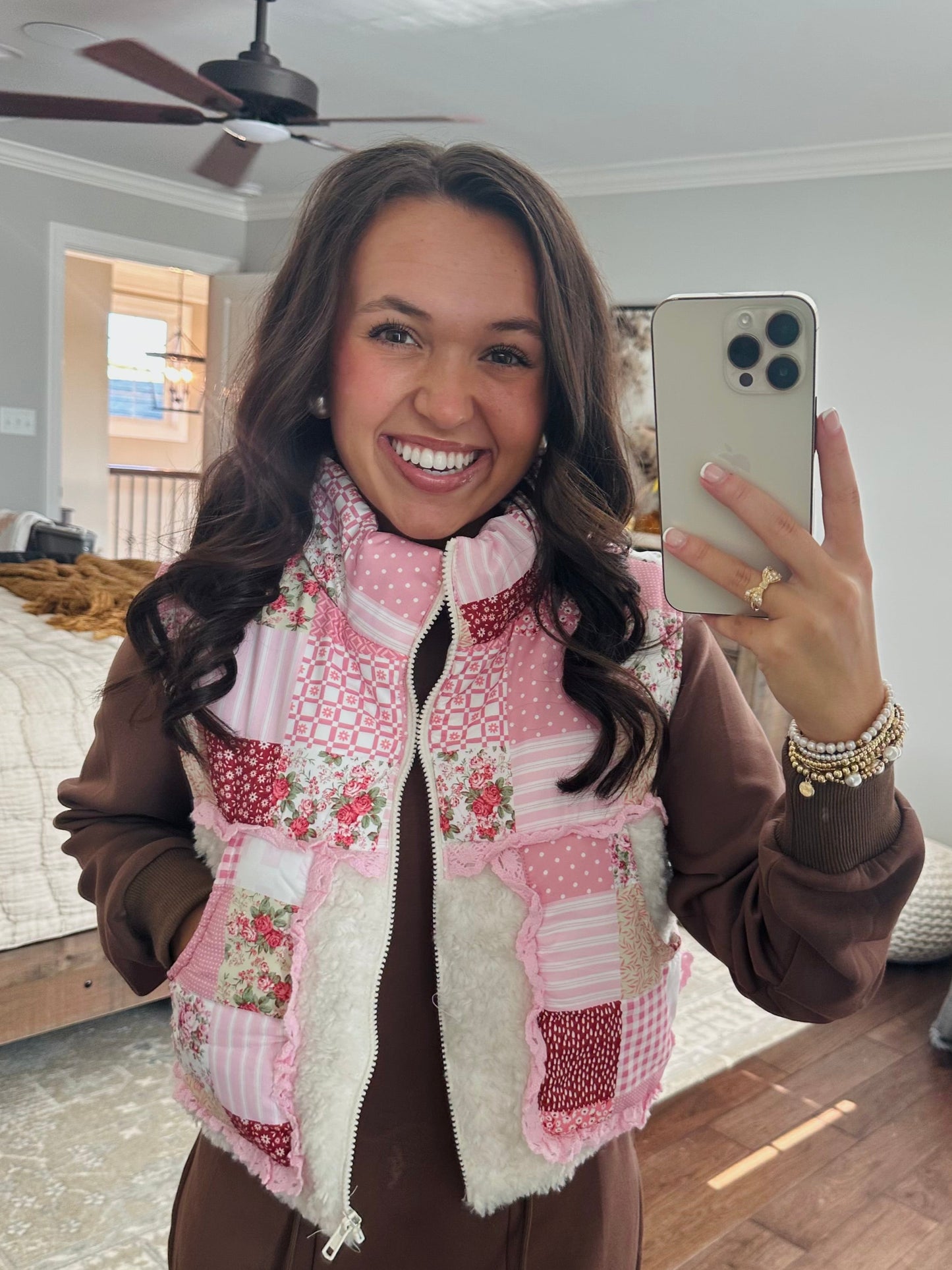 The Winnie Pink Patchwork Ruffle Sherpa Vest