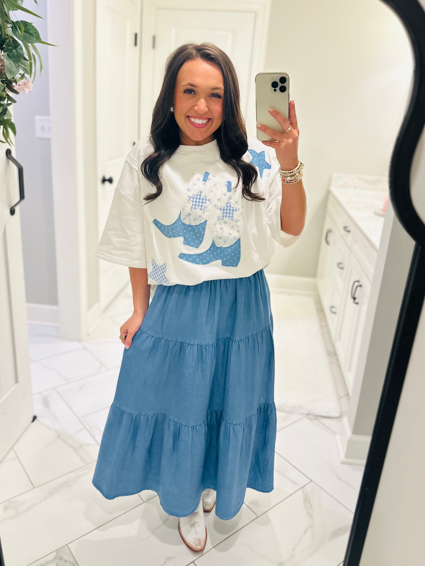 The Blaire Blue Cowboy Boot Star Patchwork Tee