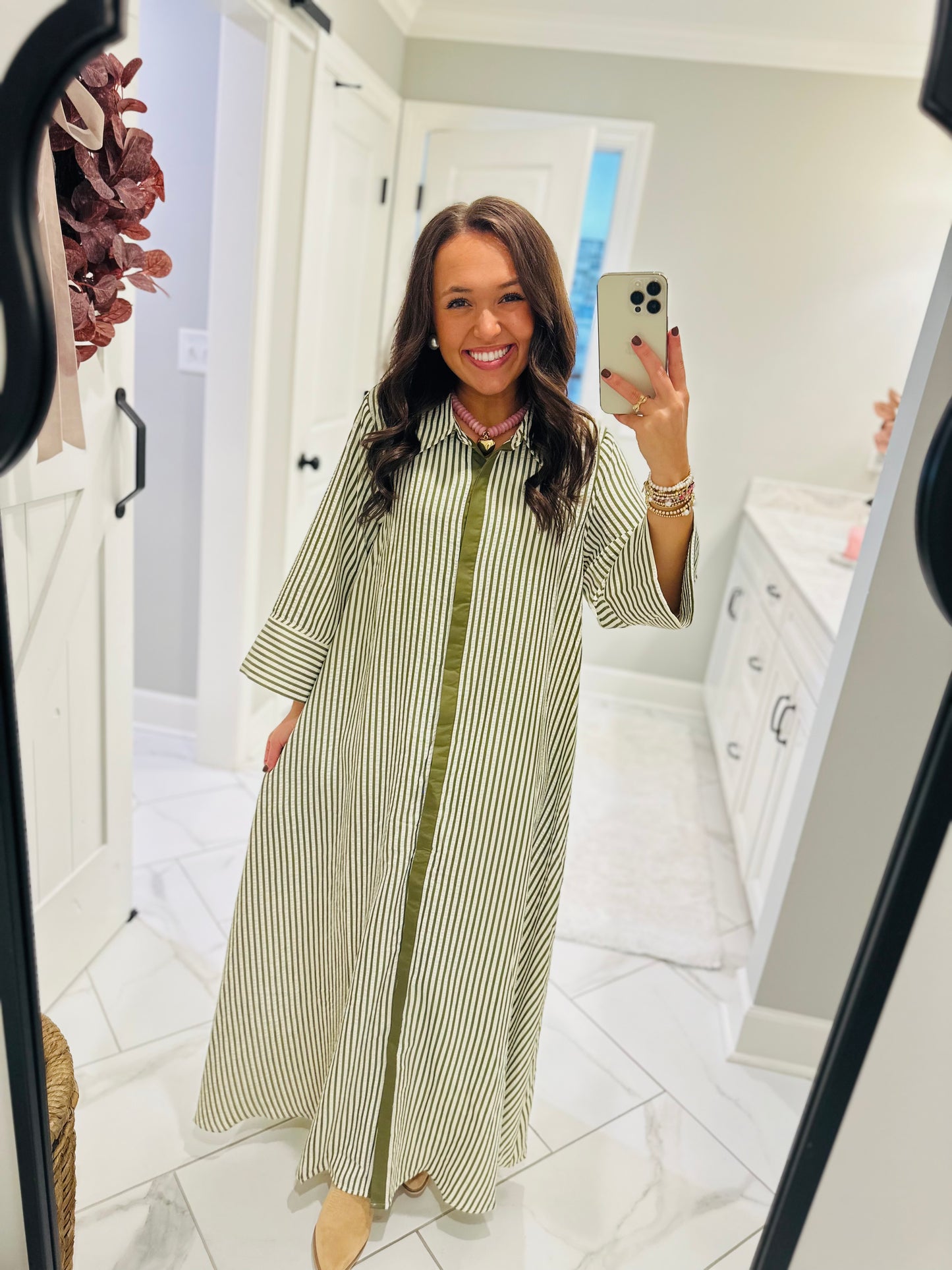 The Nora Olive Green Striped Midi Dress