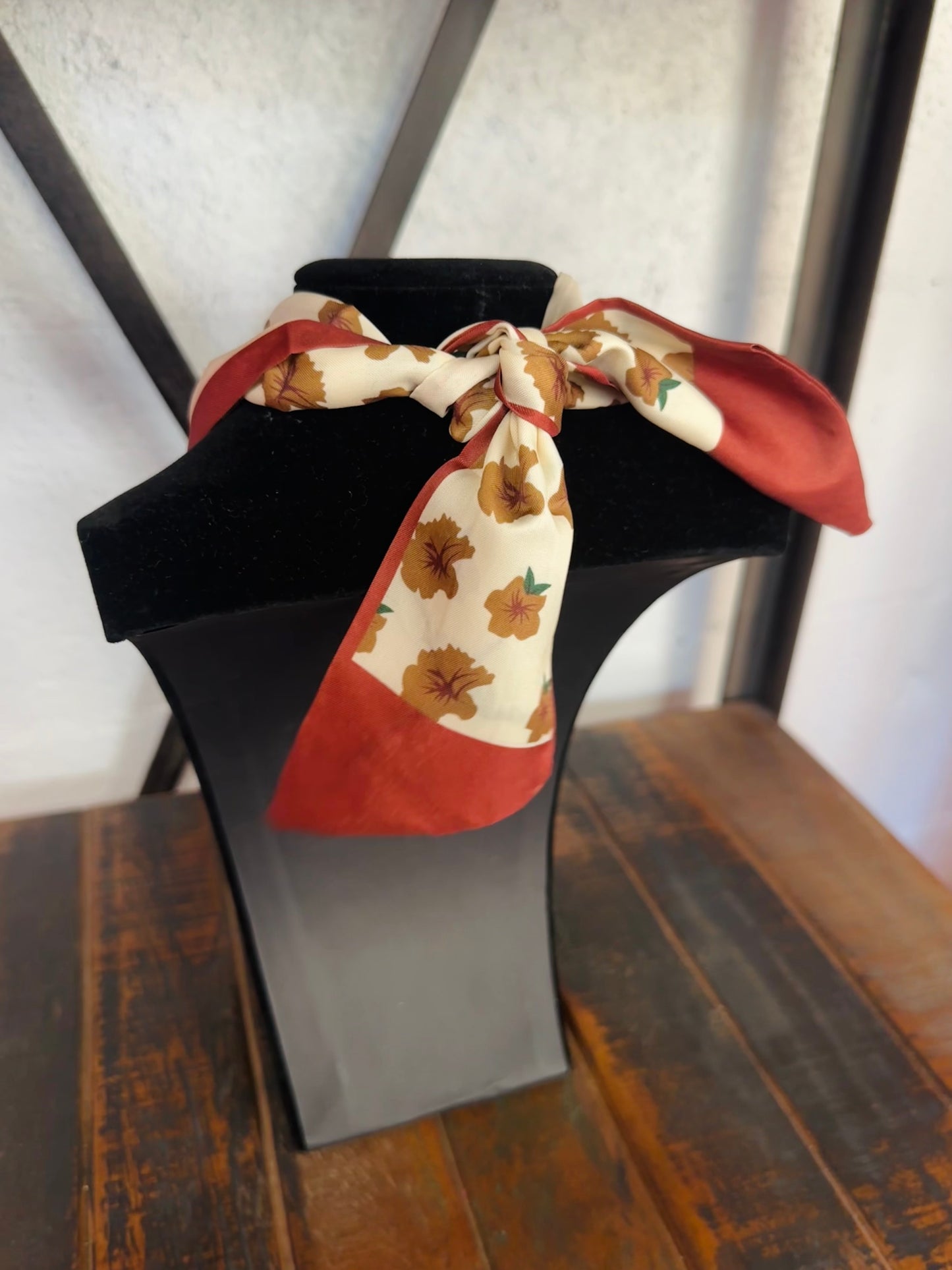 Brown Floral Silk Scarf + Gold Pendant Necklace