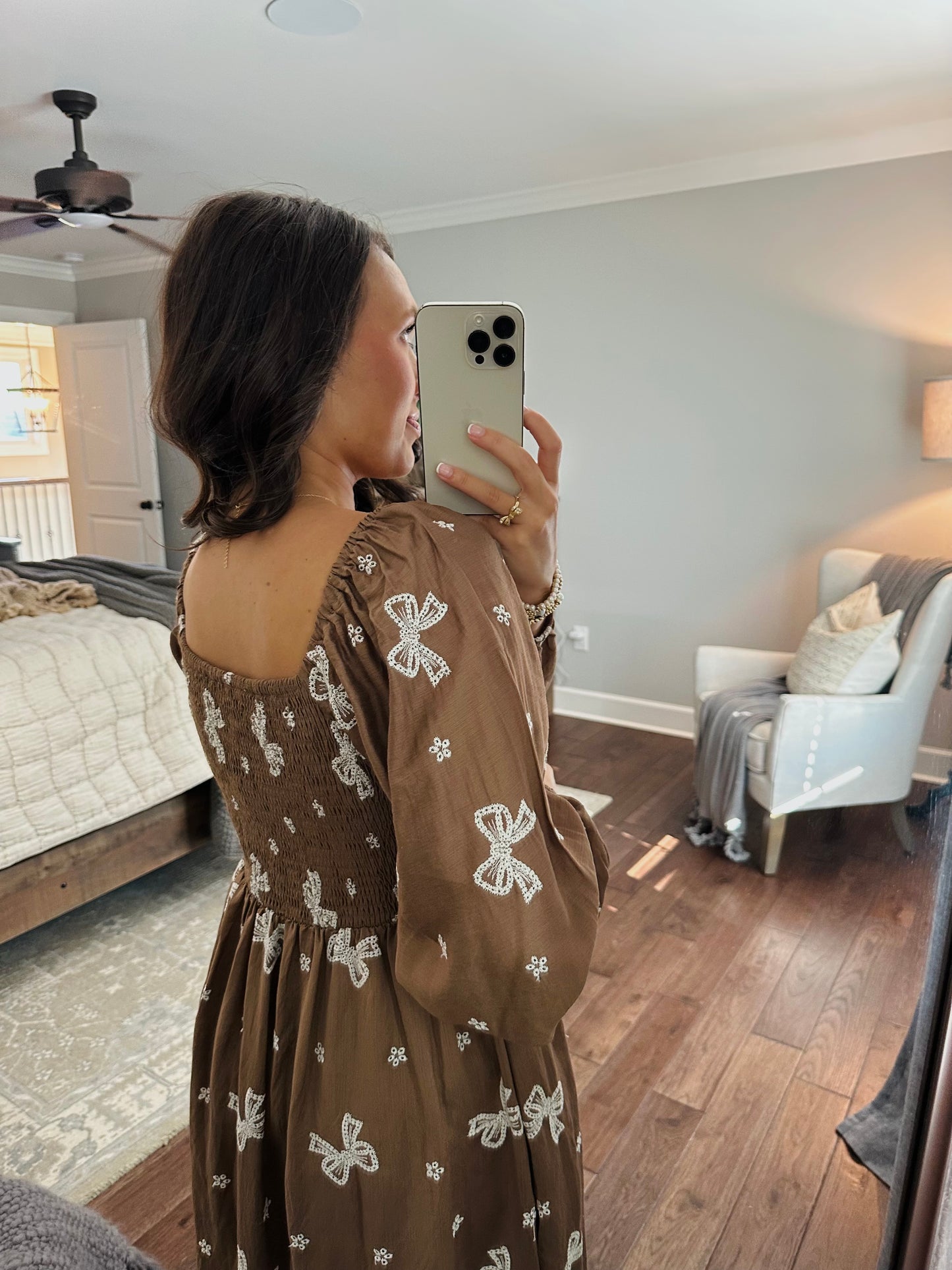 The Bruna Brown Bow Embroidered Midi Dress