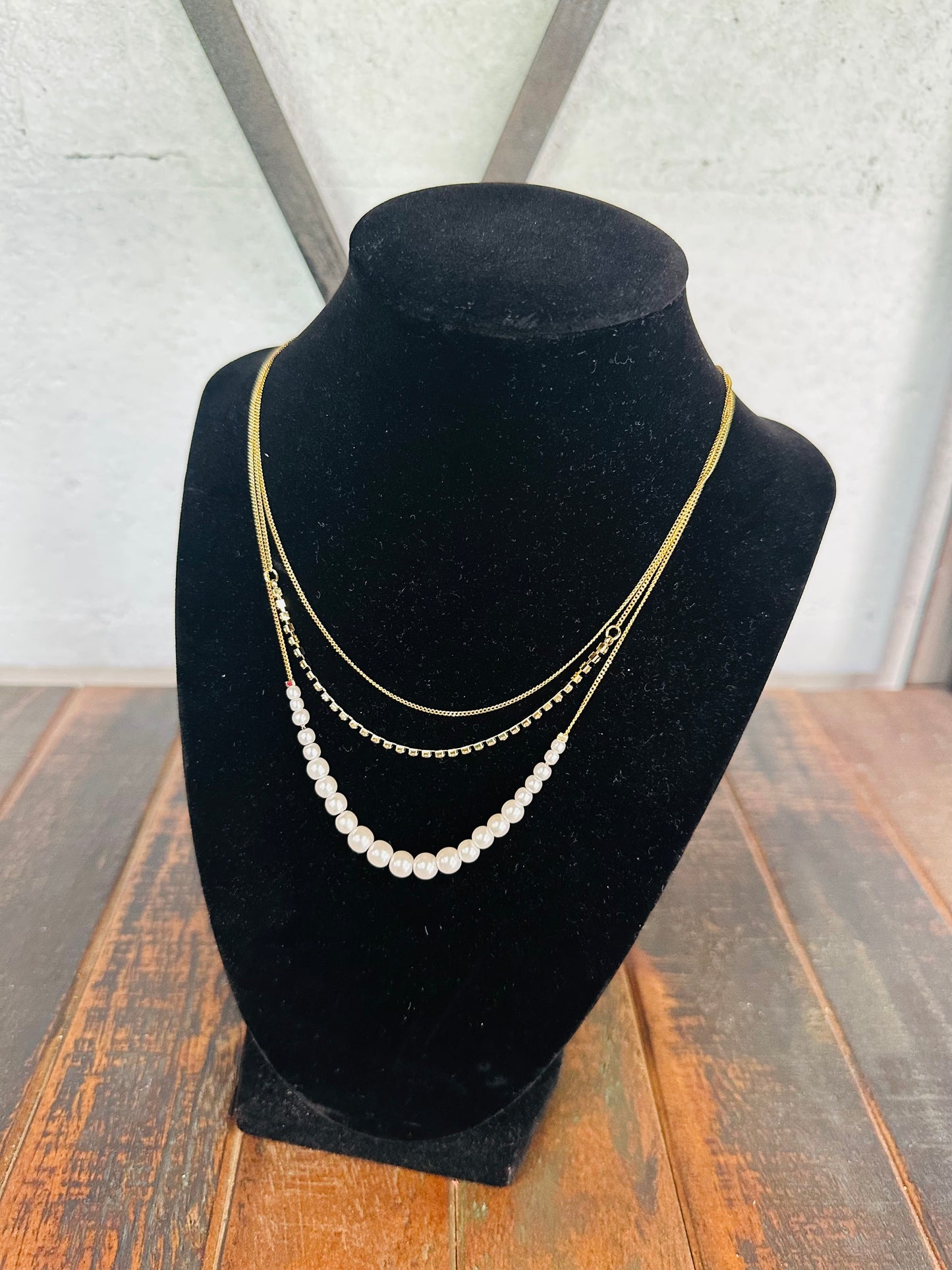 Gold Layered Pearl & Rhinestone Necklace