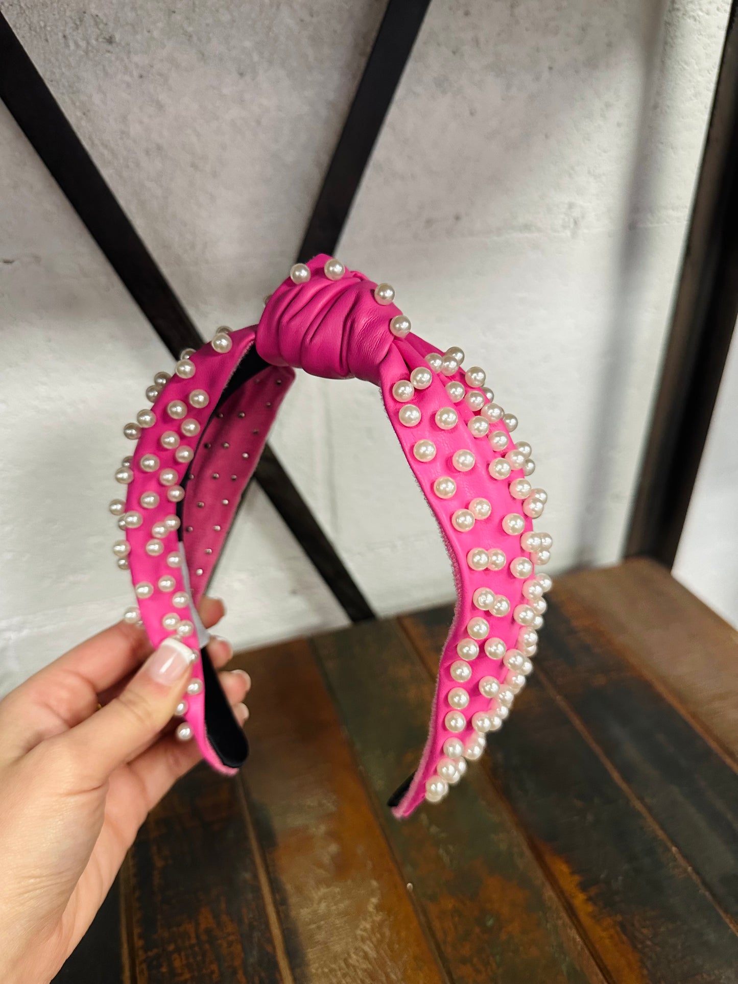 Pink Leather Pearl Headband