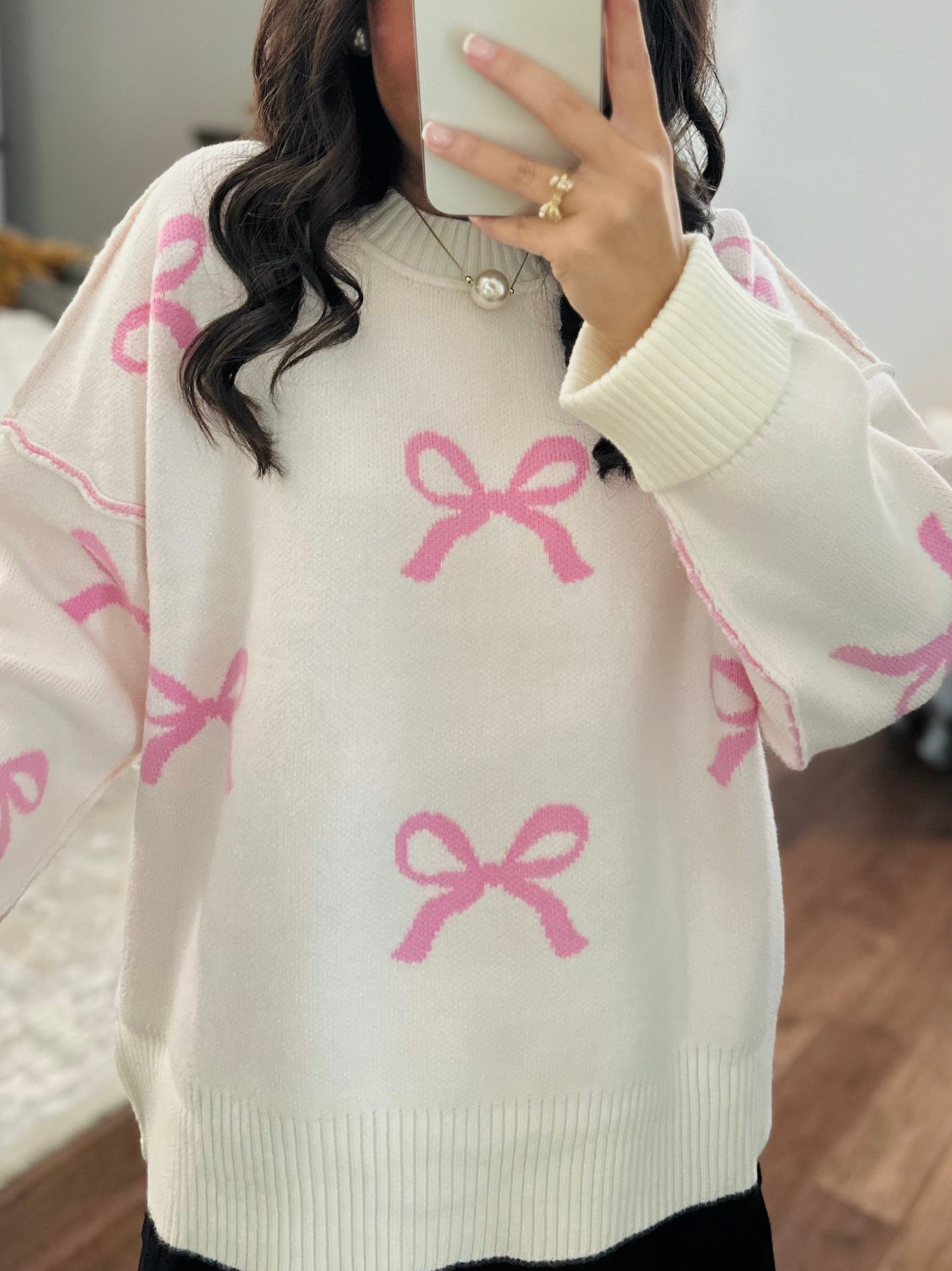 The Grace Pink + Cream Bow Sweater