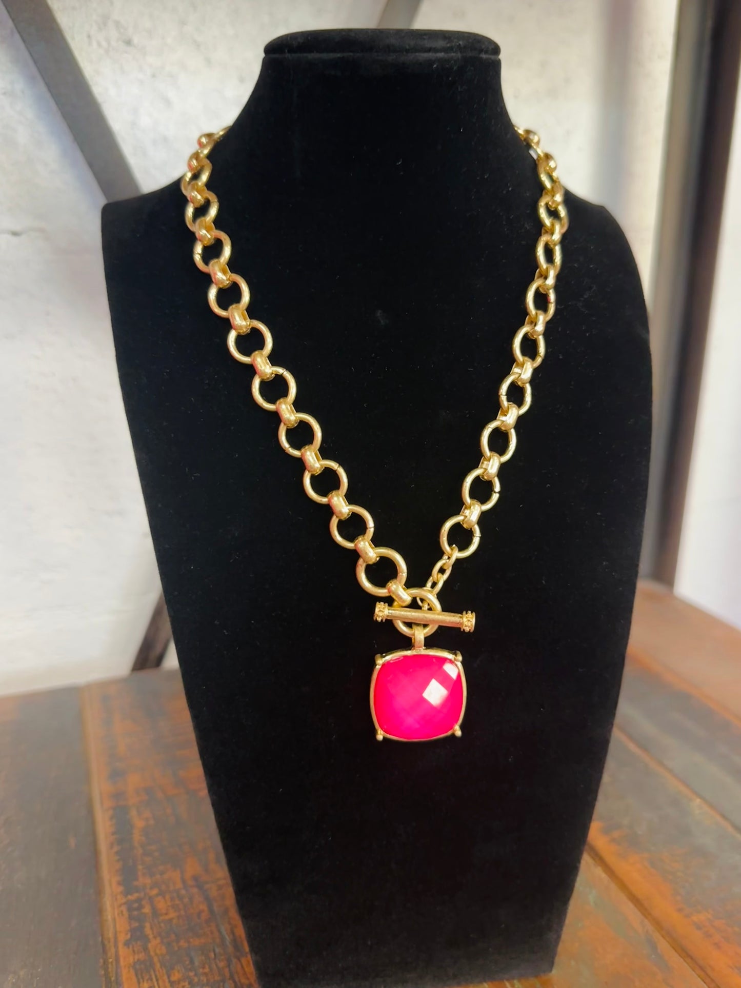Fuchsia Square Stone Pendant Necklace