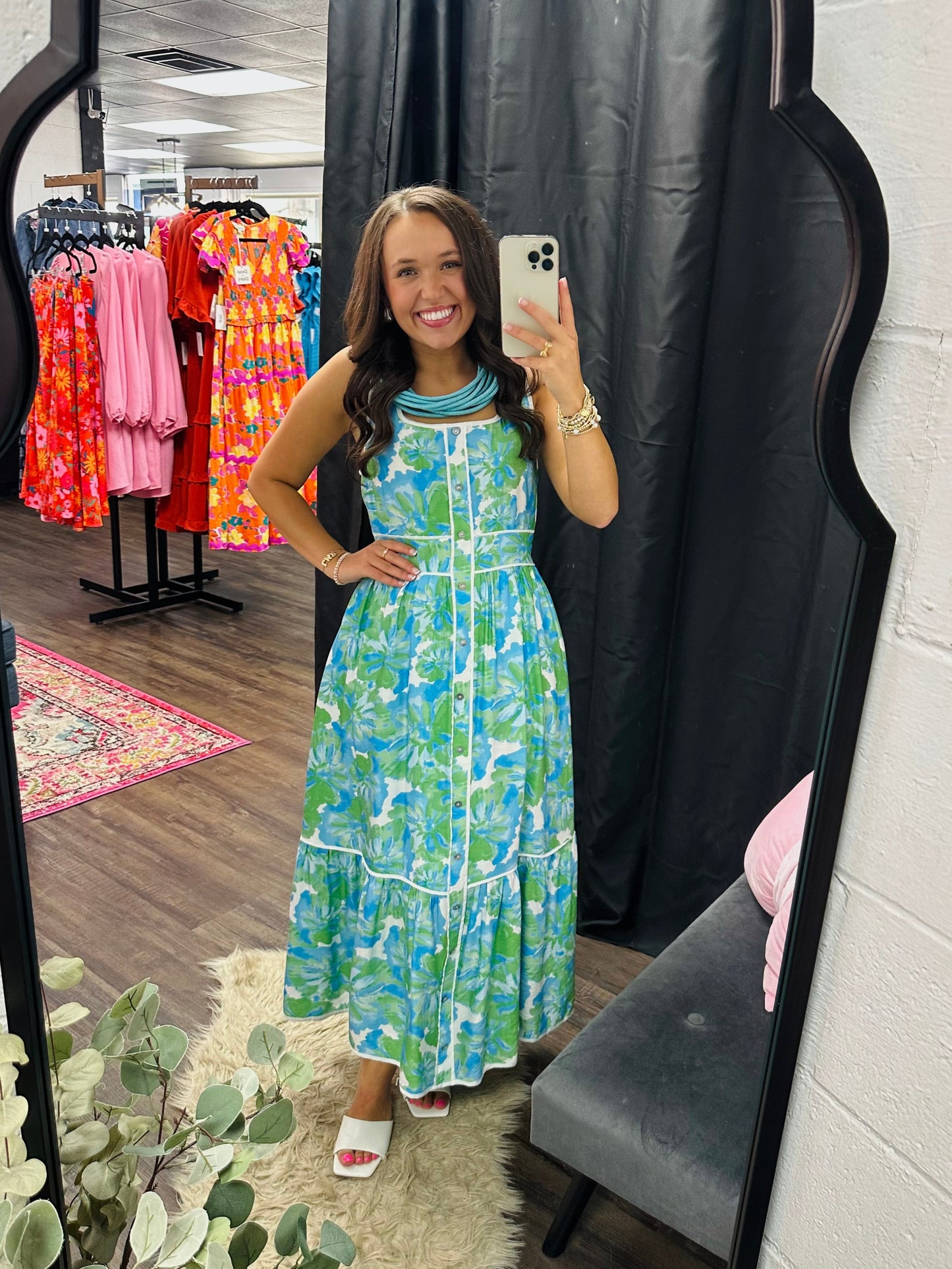 The Lakelynn Green Aqua Floral Midi Dress