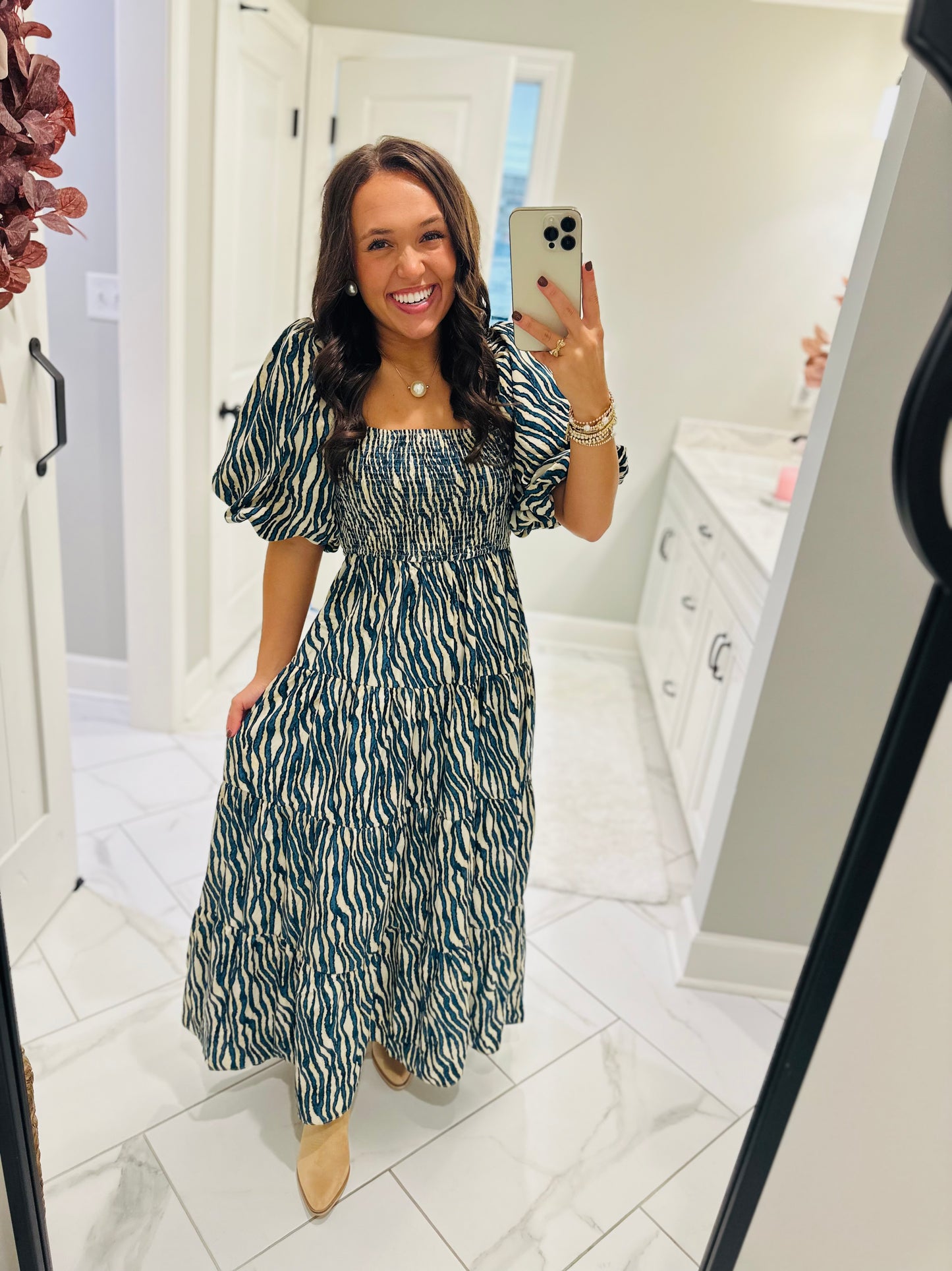 The Gracie Teal Smocked Midi Dress