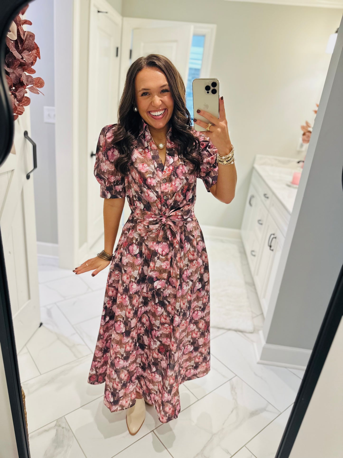 The Maggie Pink + Brown Floral Midi Dress